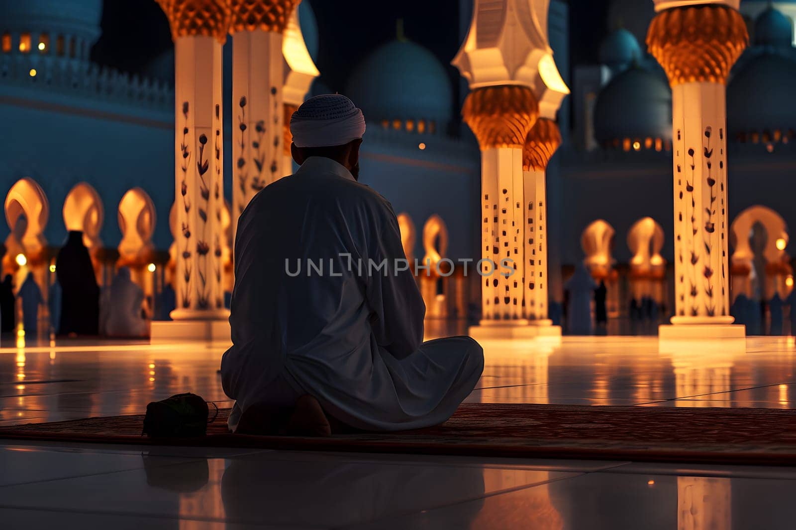 Muslim prayer in white clothes sitting in front of mosque at Ramadan night with selective focus. Neural network generated in January 2024. Not based on any actual scene or pattern.