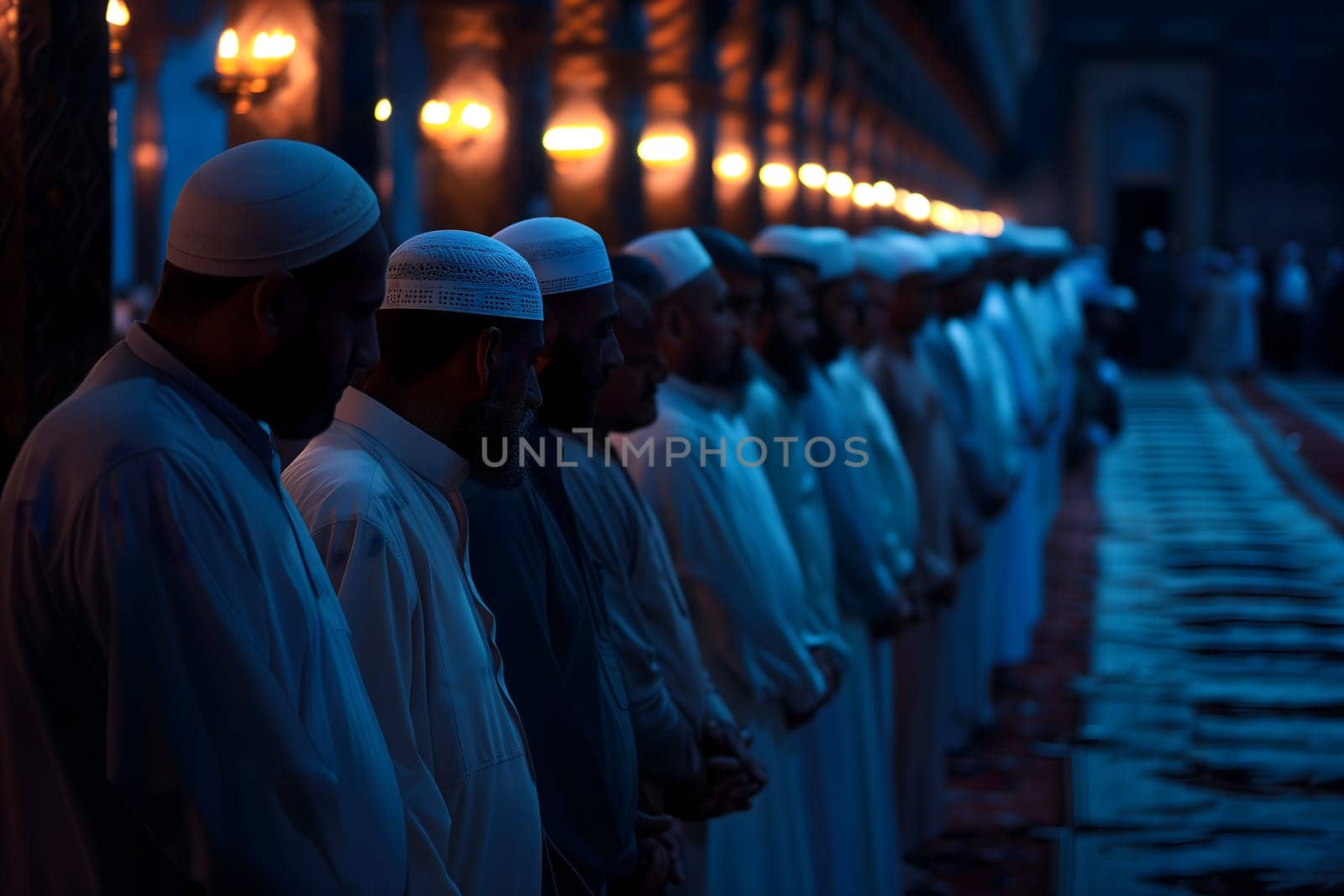 Muslim prayer in white clothes standing in mosque at Ramadan night with selective focus. Neural network generated in January 2024. Not based on any actual scene or pattern.