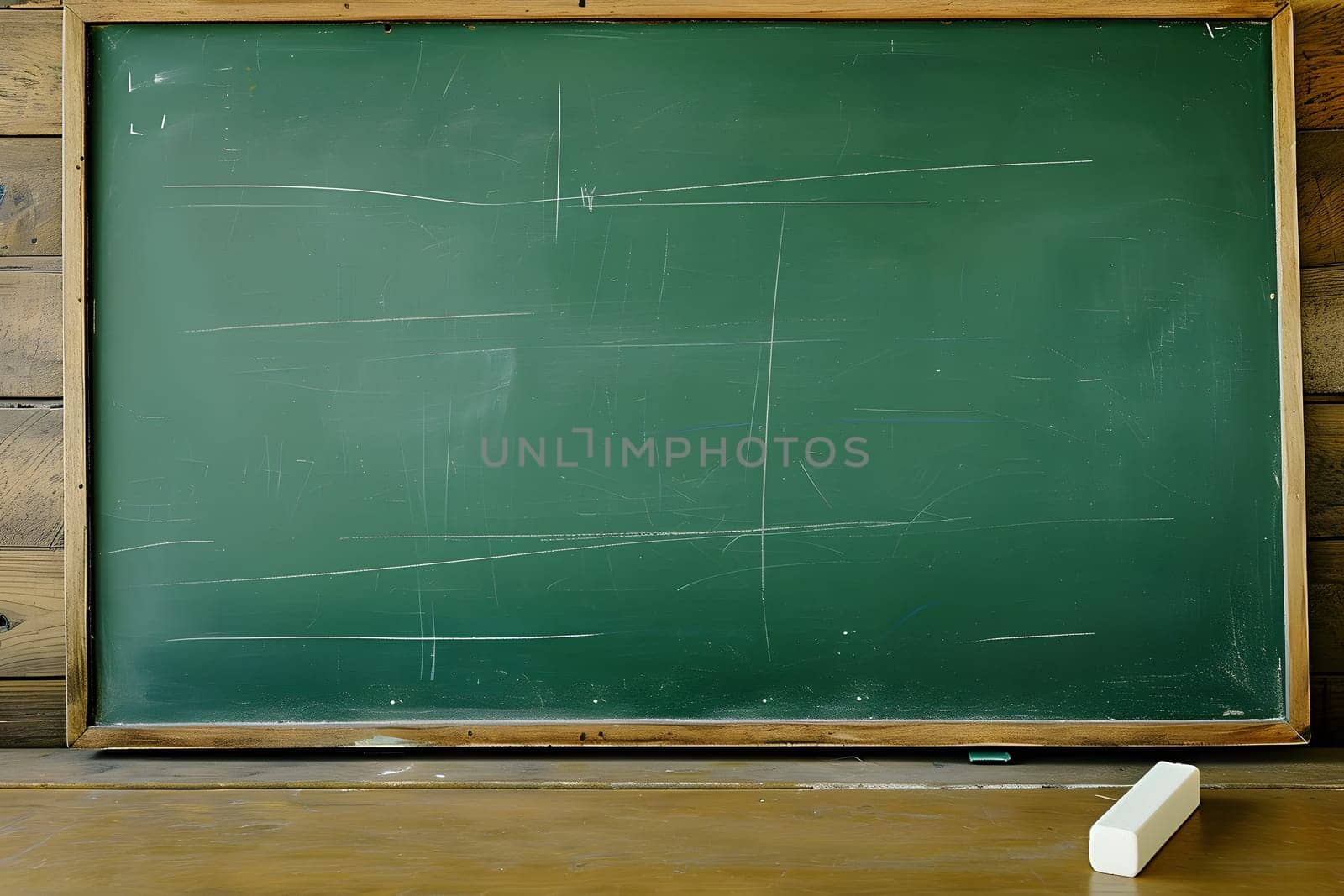 First-class, An empty green chalkboard with an eraser and white chalk, ready for Teacher's Day. Neural network generated image. Not based on any actual scene or pattern.