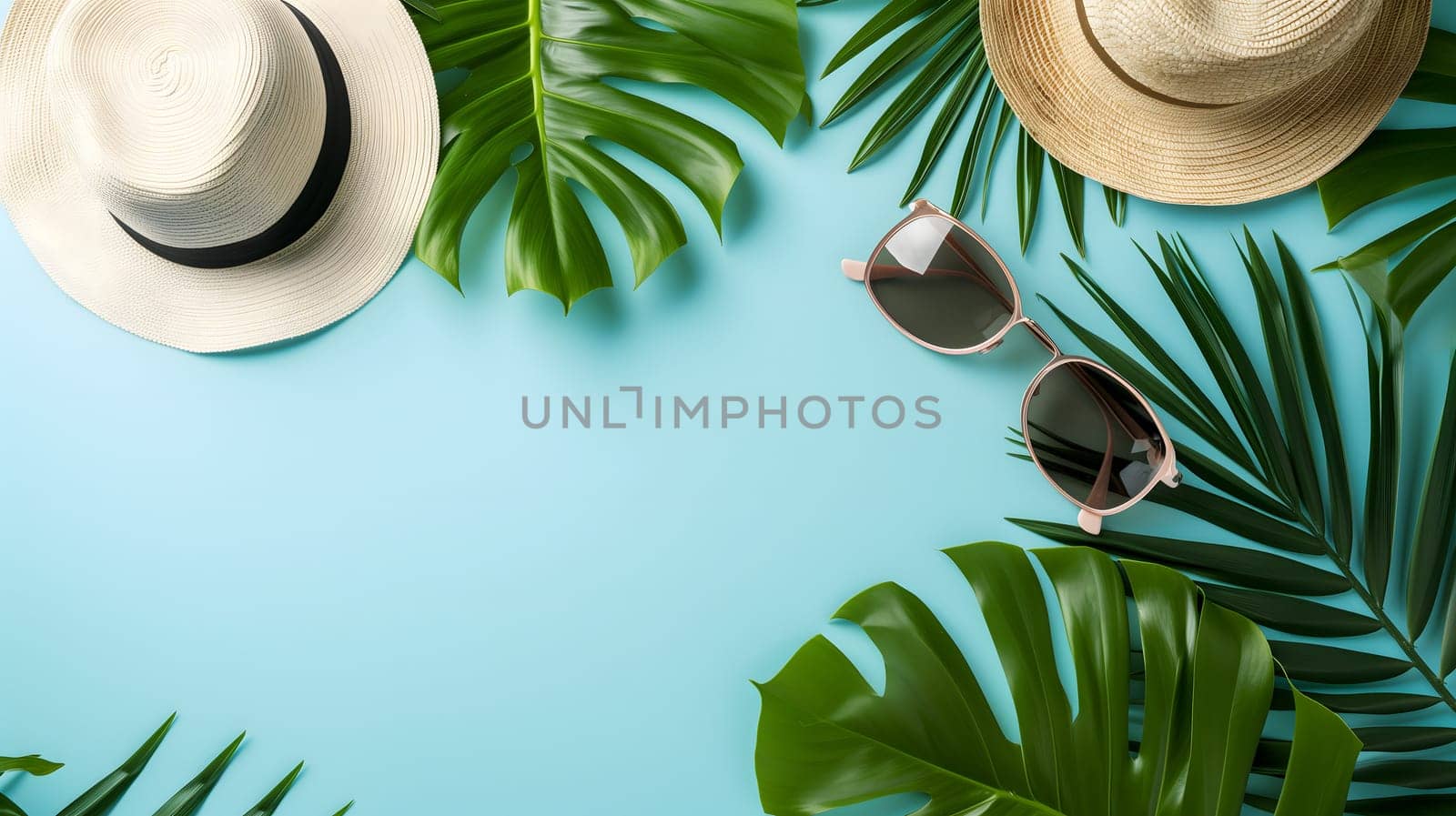 Hats, sunglasses, palm tree leaves on blue background. Blank, top view, still life, flat lay. Sea vacation travel concept tourism and resorts. Summer holidays. Neural network generated image. Not based on any actual scene or pattern.