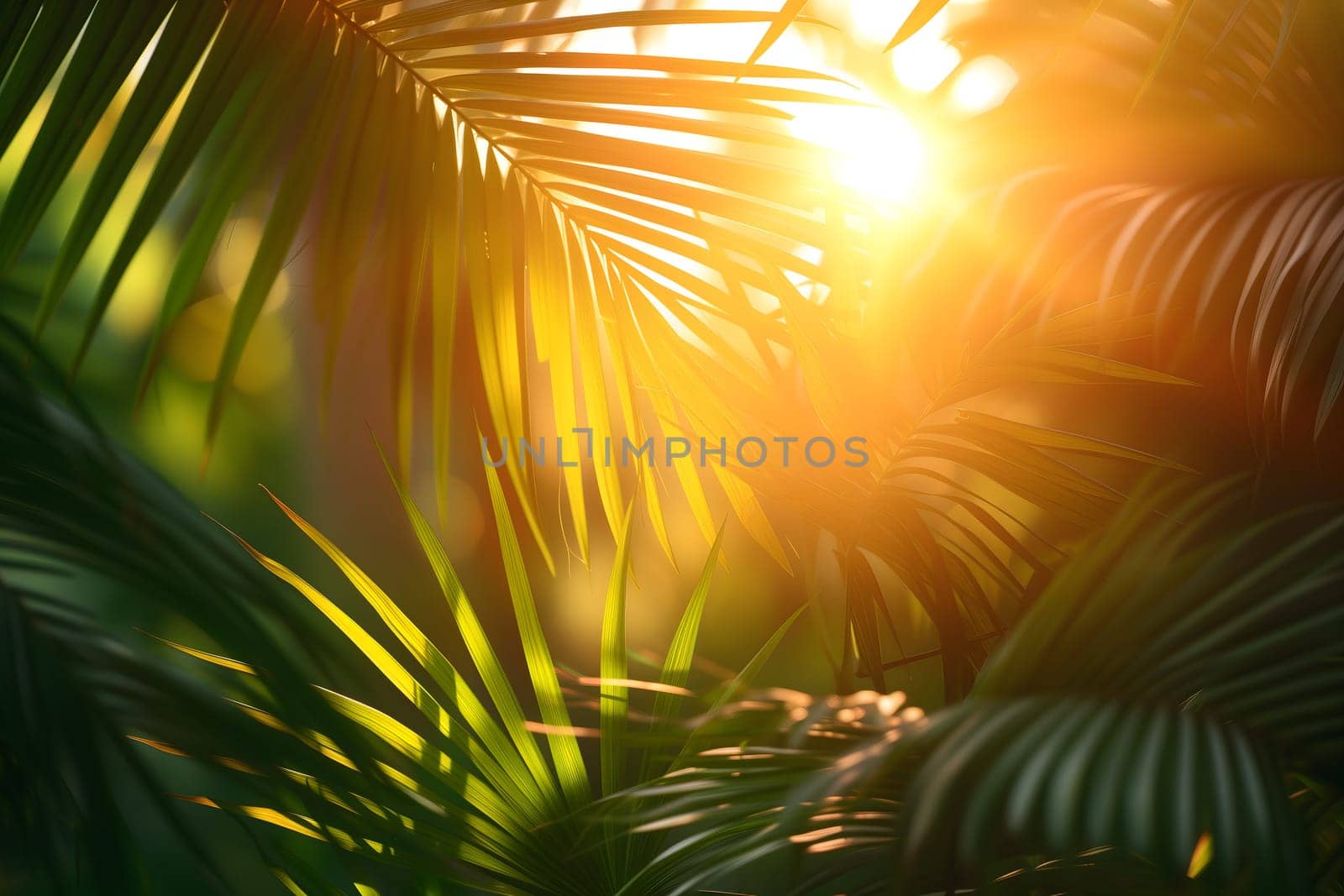 Vibrant sunny backdrop palm leaves with golden sun light. Neural network generated in January 2024. Not based on any actual scene or pattern.