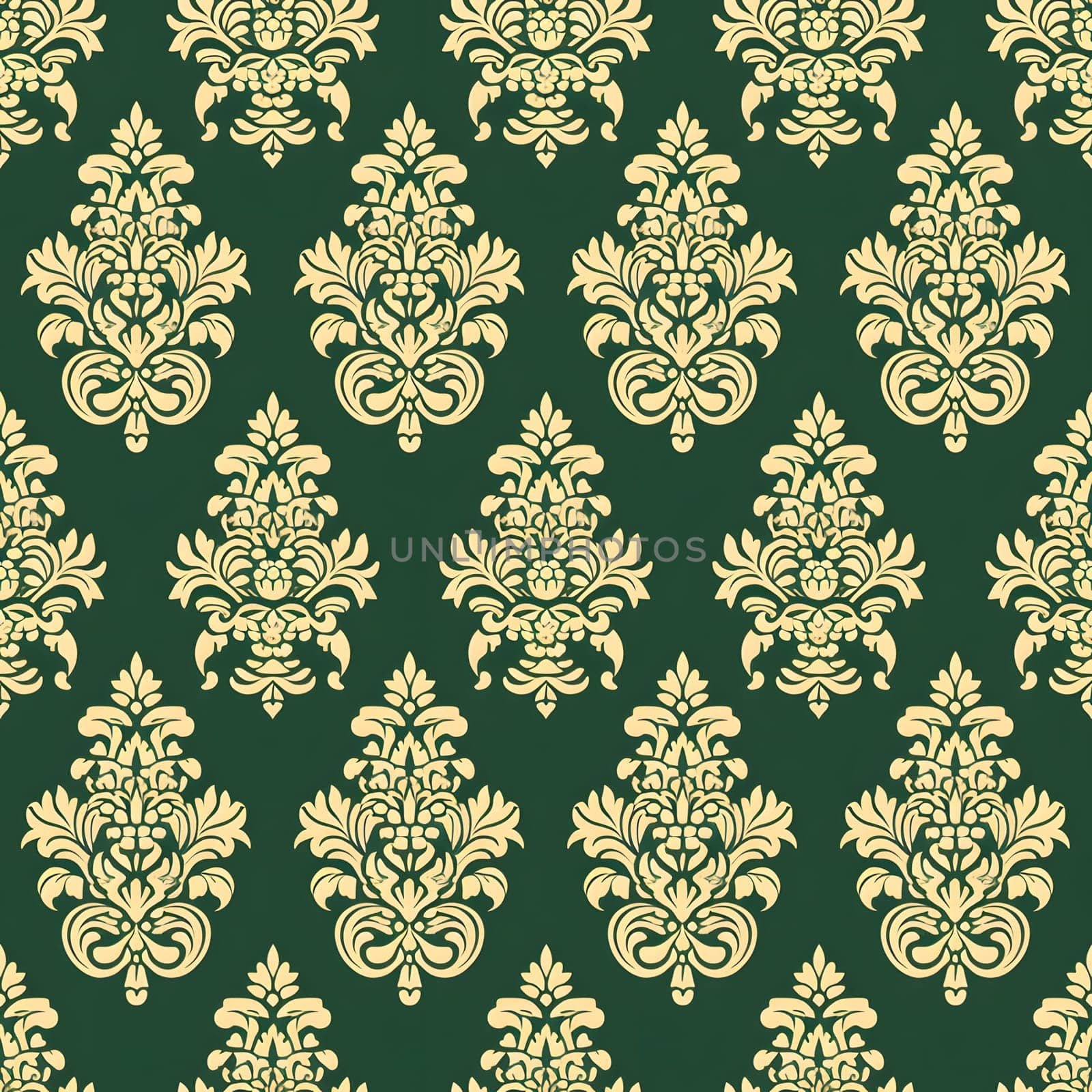 Seamless texture of green and gold damask pattern. Neural network generated image. Not based on any actual scene or pattern.