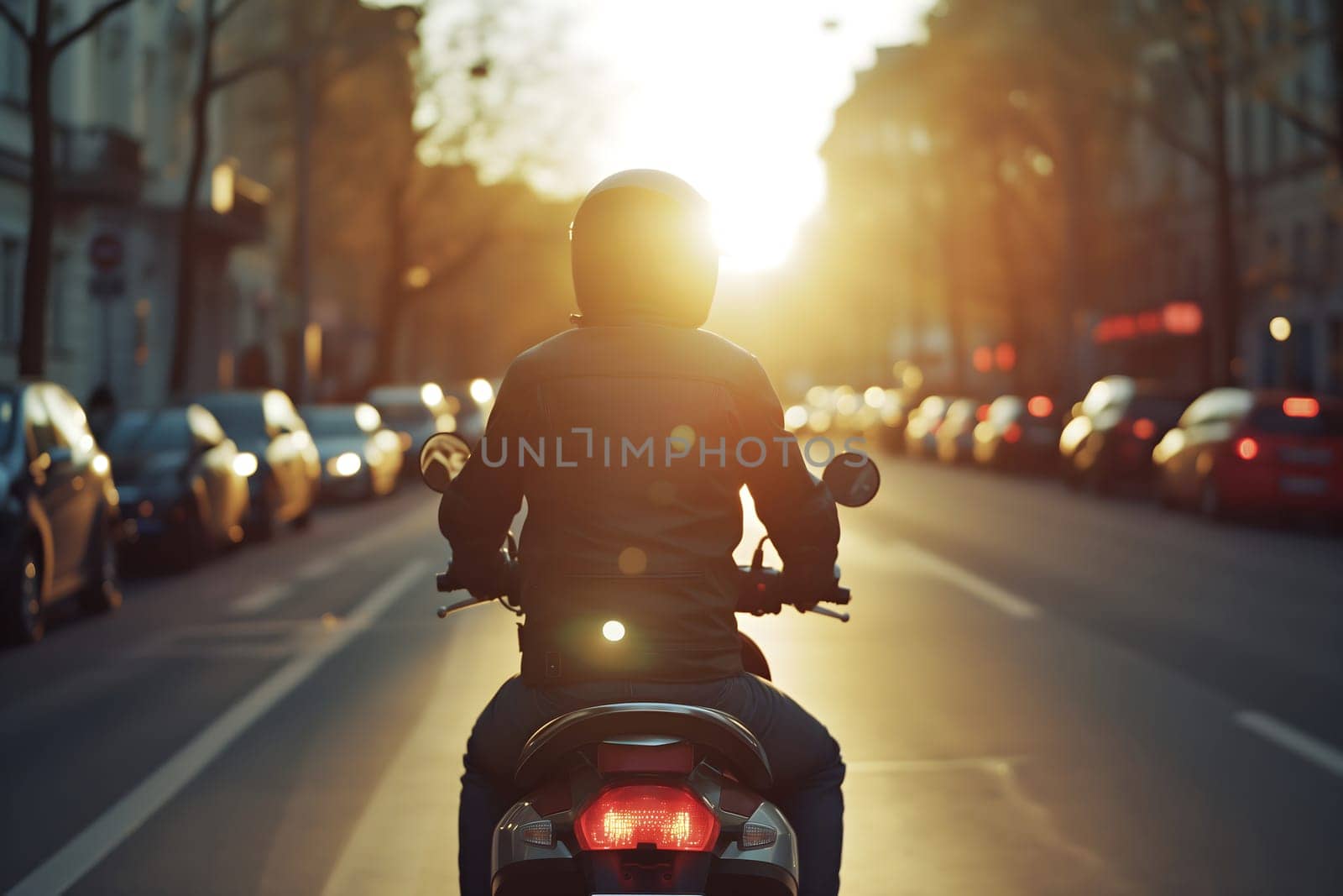A man rides a motorcycle in city traffic, View from the back, Close-up. Neural network generated image. Not based on any actual scene or pattern.