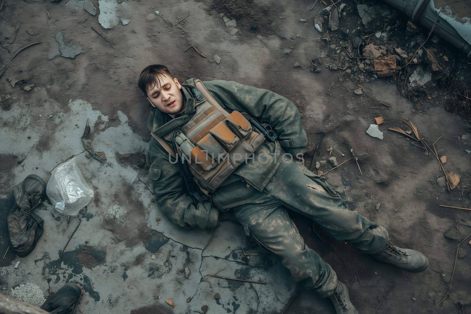 Soldier laid on the battlefield, view from above, drone point of view. Neural network generated image. Not based on any actual scene or pattern.