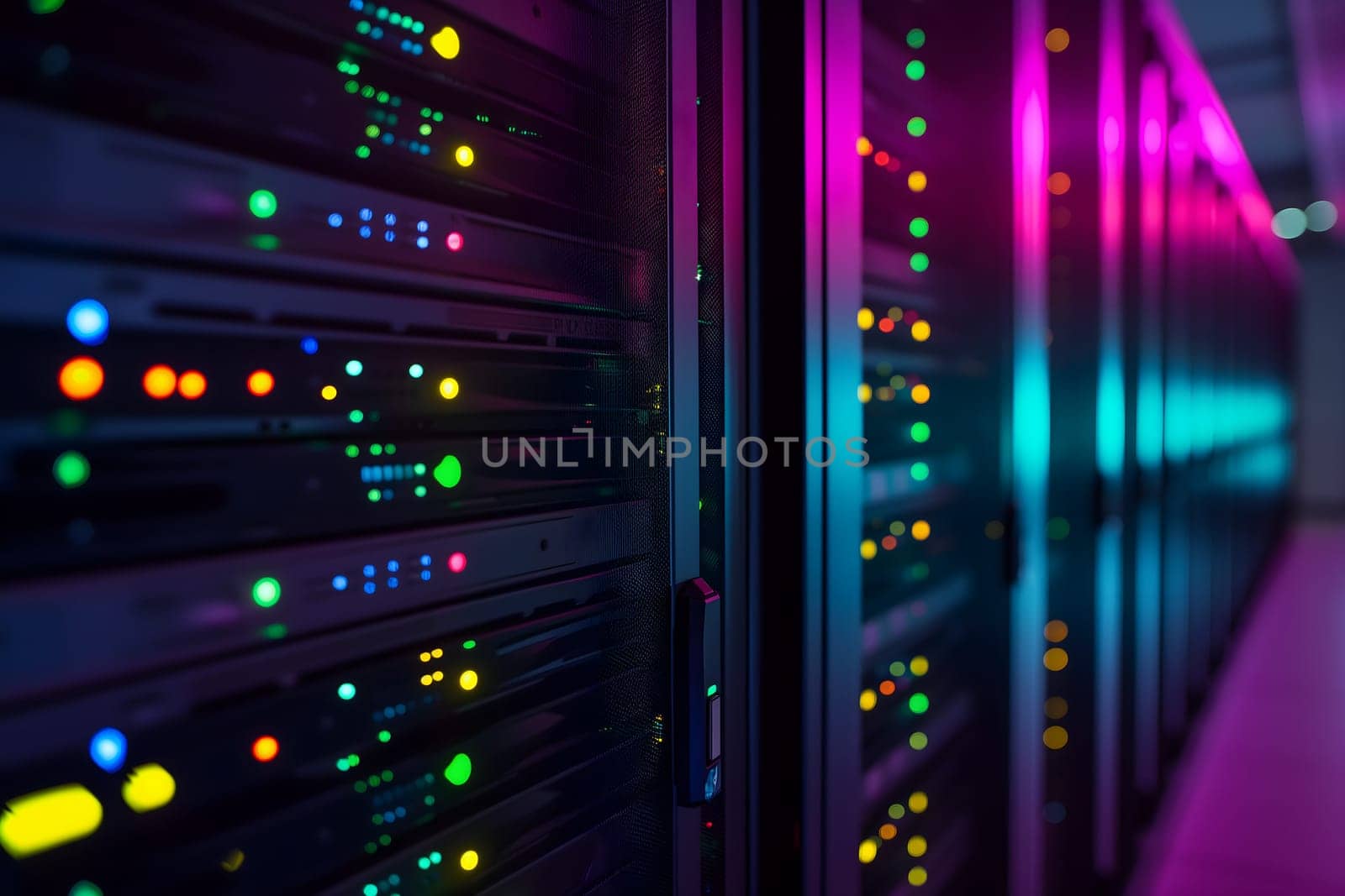 Server room with neon high contrast lighting. Neural network generated image. Not based on any actual scene or pattern.