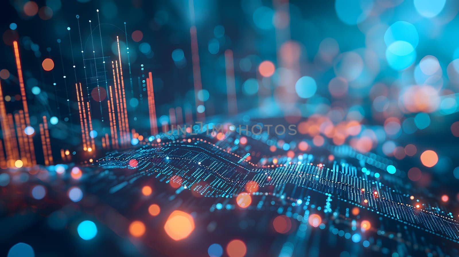 Dynamic Finance Flow, Double Exposure of Data and Technology background. Neural network generated image. Not based on any actual scene or pattern.