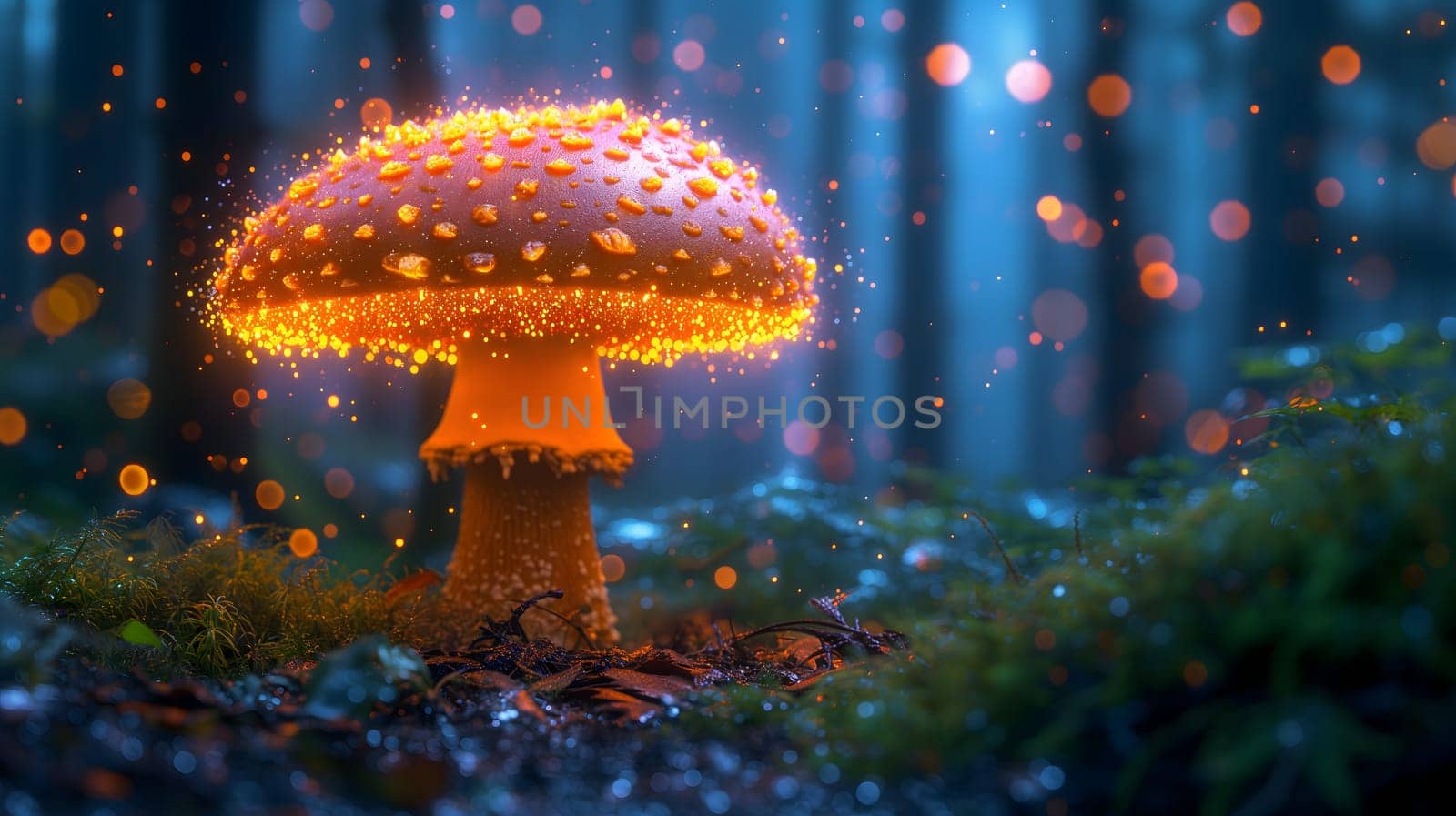 Magical mushroom in fantasy enchanted fairy tale forest. Neural network generated in January 2024. Not based on any actual scene or pattern.