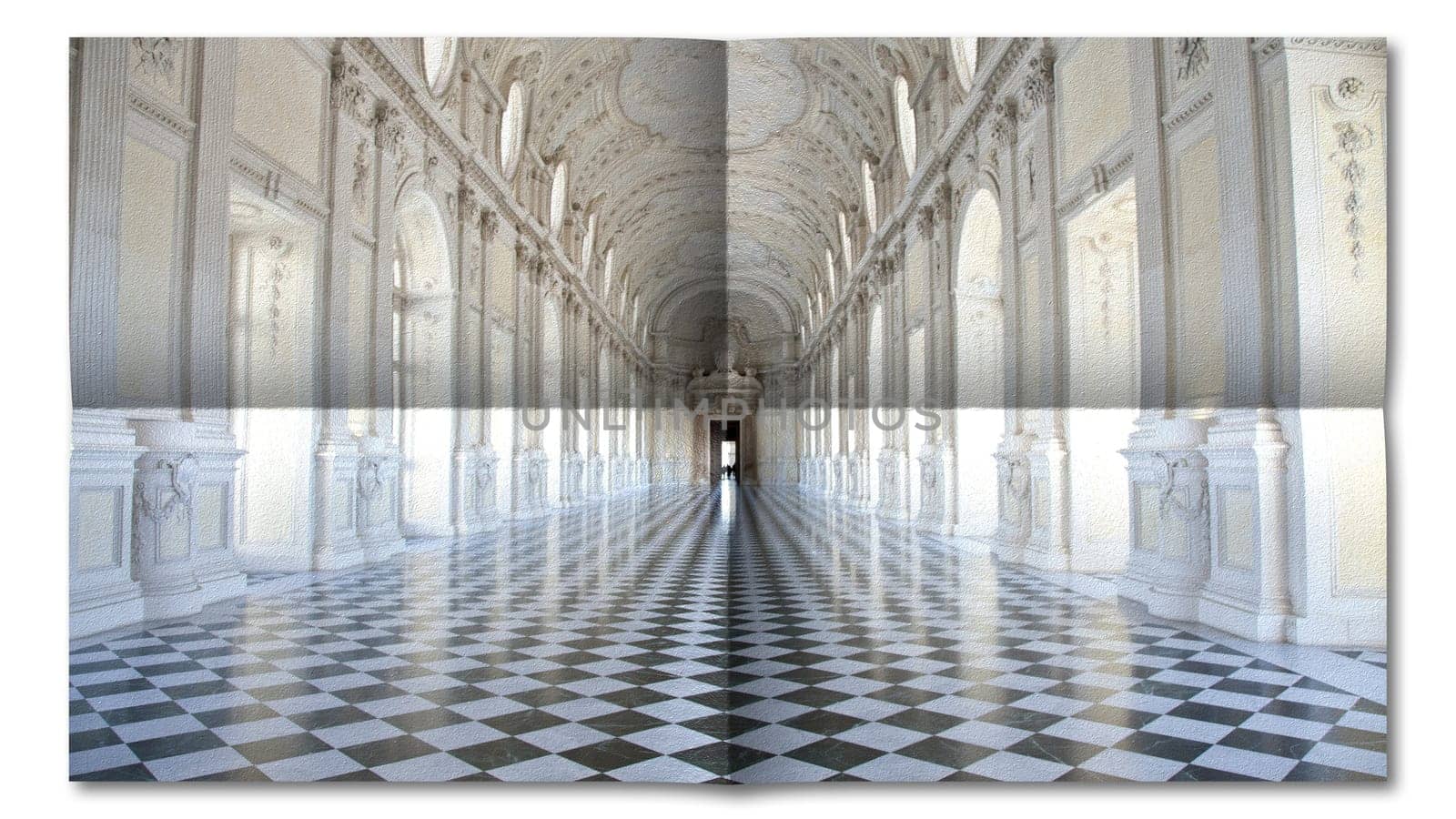 Creative picture of Reggia di Venaria Reale gallery - Italy. Luxury marbles in baroque Royal Palace