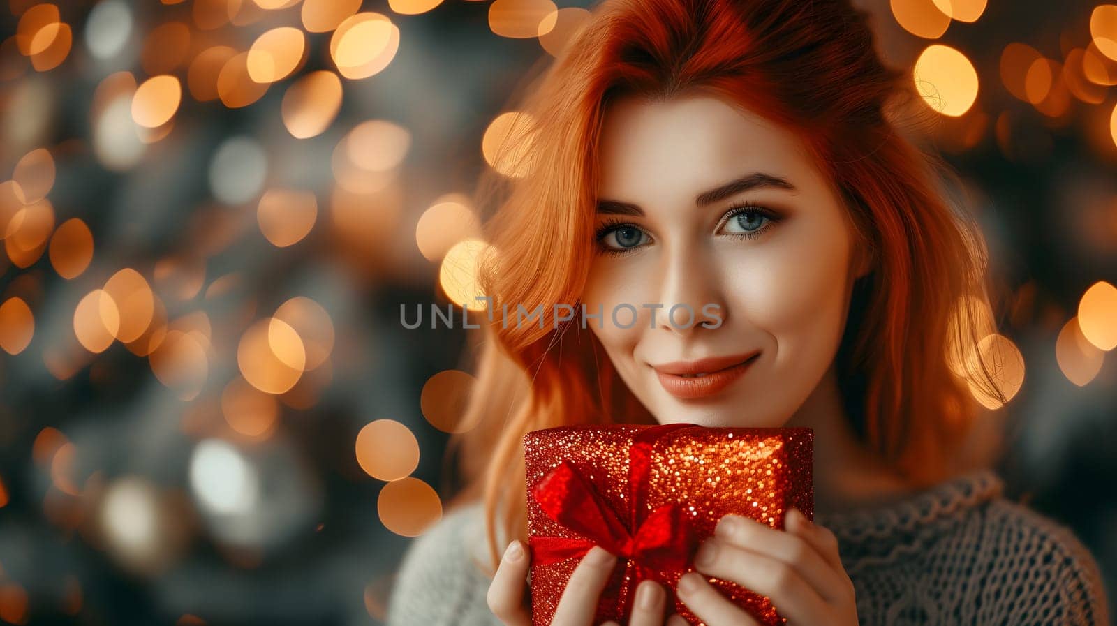 Beautiful redhead girl with gift for Valentines Day with bokeh at background. Neural network generated image. Not based on any actual person or scene.