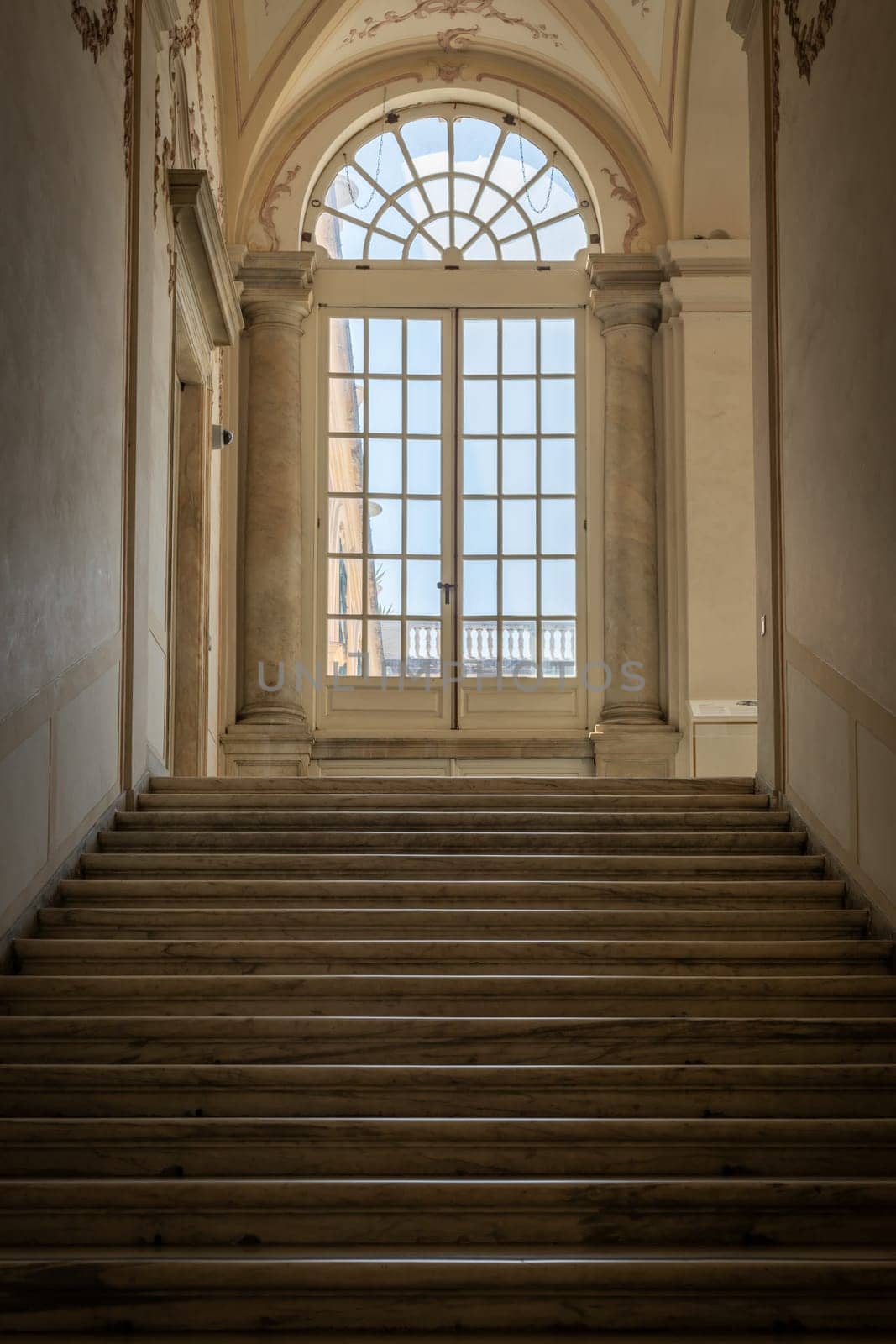 Ancient dark staircase - Grunge interior, nobody, empty building architecture, window