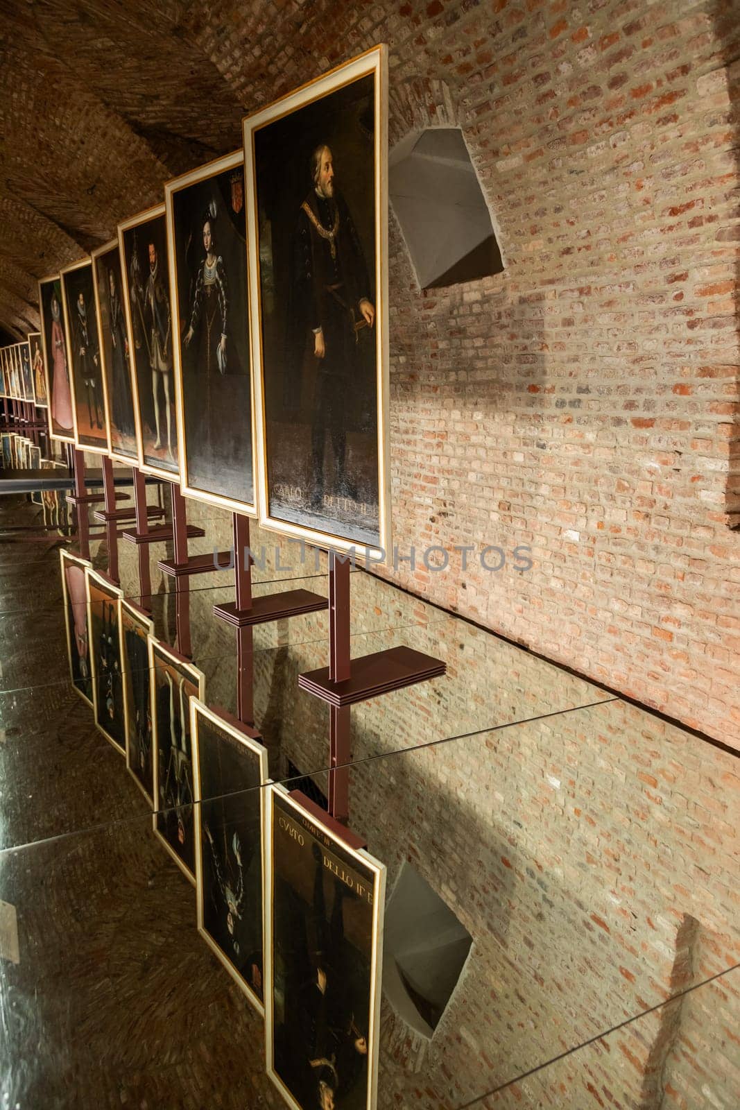 Venaria Reale - Turin, Italy - 16 July 2023: old gallery, museum with paintings perspective