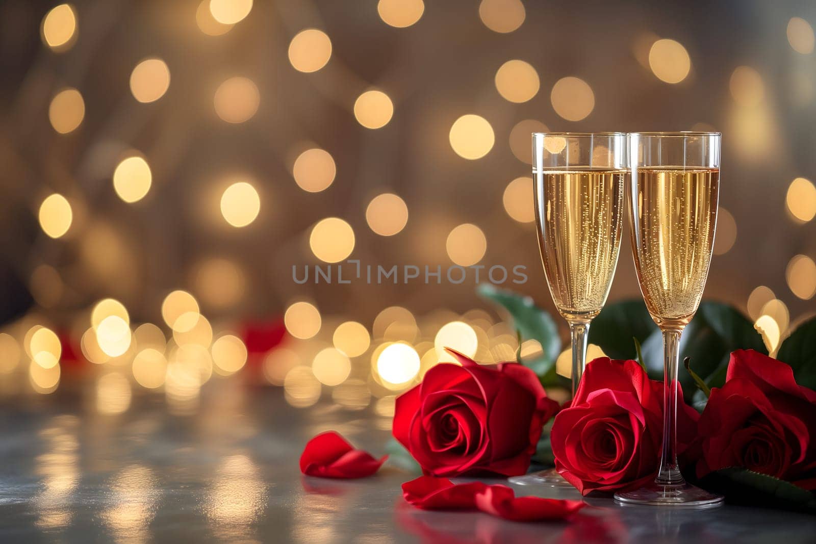 two glasses with sparkling wine or champagne and red roses on table with bokeh lights in the background for generic celebration concept. Neural network generated image. Not based on any actual or scene.