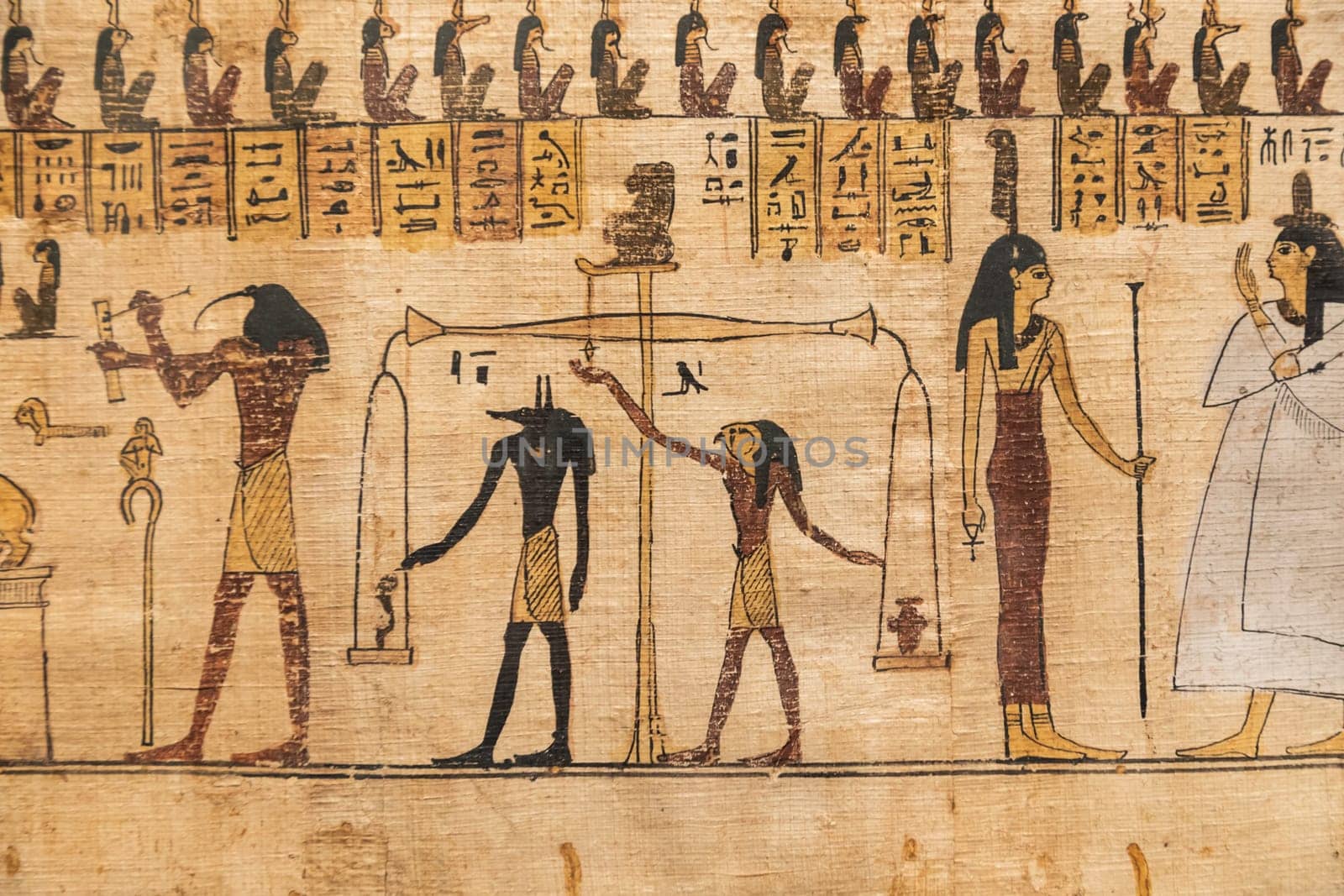 Turin, Italy - February 2023: Egyptian Museum. Detail of the Book of the Dead with funerary formulas and spells, papyrus, 330 BC