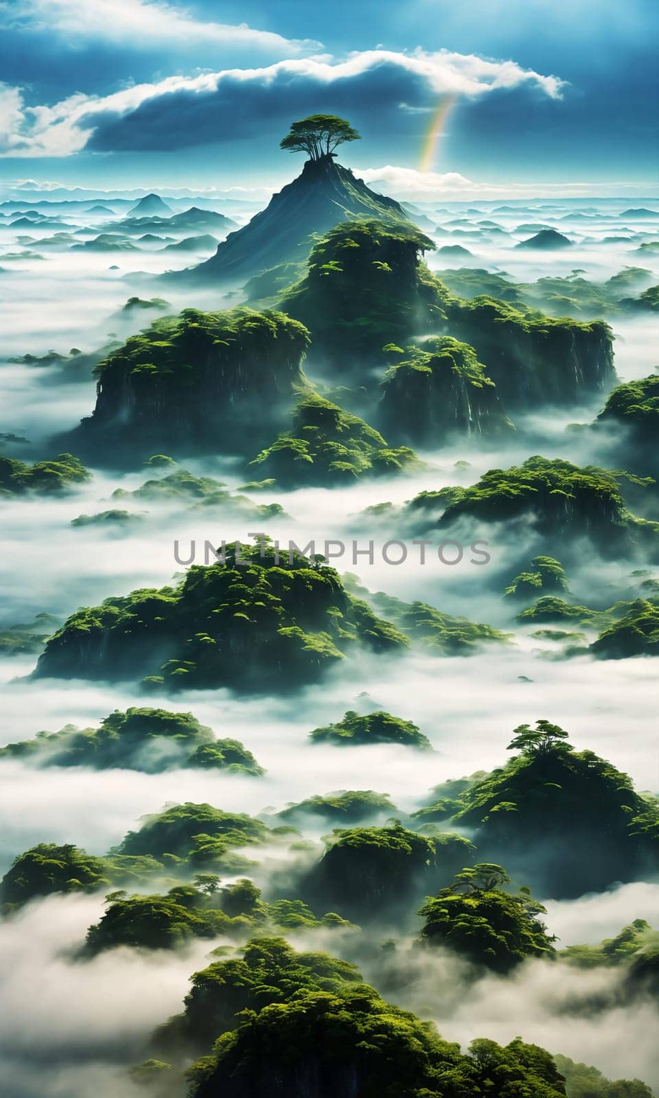 Floating Isles. Above a sea of clouds, islands drift like dreamscapes. Each is a miniature world, lush forests, waterfalls, and floating gardens. The sky holds its breath, and rainbows weave through the mist.