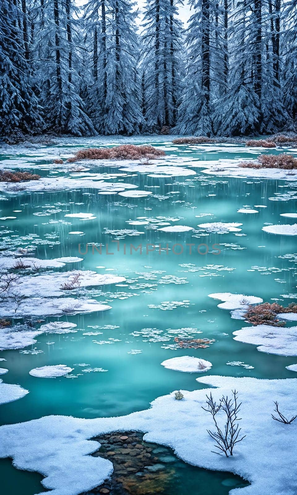 Frozen Fairy Pond. In the heart of a snow-covered forest, a pond lies frozen. Delicate frost patterns adorn its surface, and beneath the ice, mythical creatures slumber.The stillness and magic of winter.