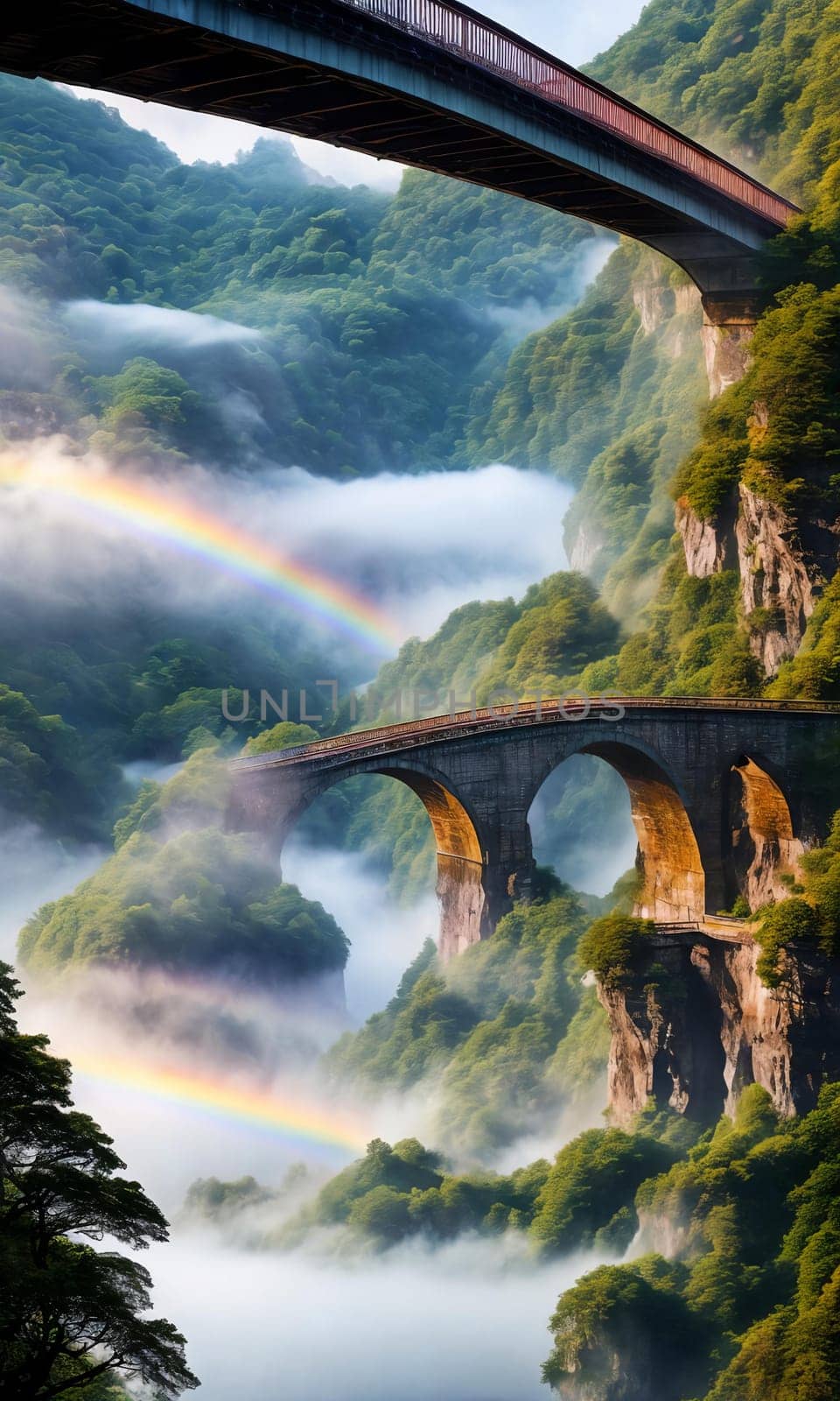 Rainbow Bridge. Arching across a misty gorge, a rainbow bridge connects two worlds. Its colors shift with the light, and travelers-human or magical, cross between realms. The bridge's ephemeral beauty.