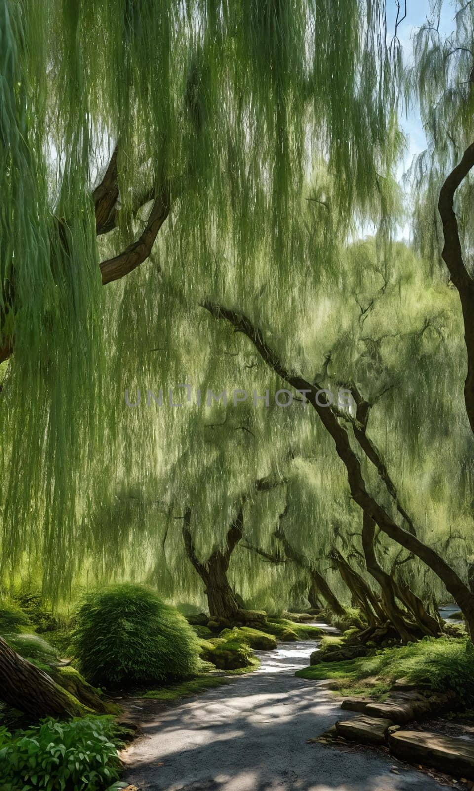 Whispering Willow Grove. Beneath ancient willow trees, their long branches trailing in a silver river, tiny doors appear. Fairies, sprites, and woodland creatures gather here, sharing secrets and laughter.