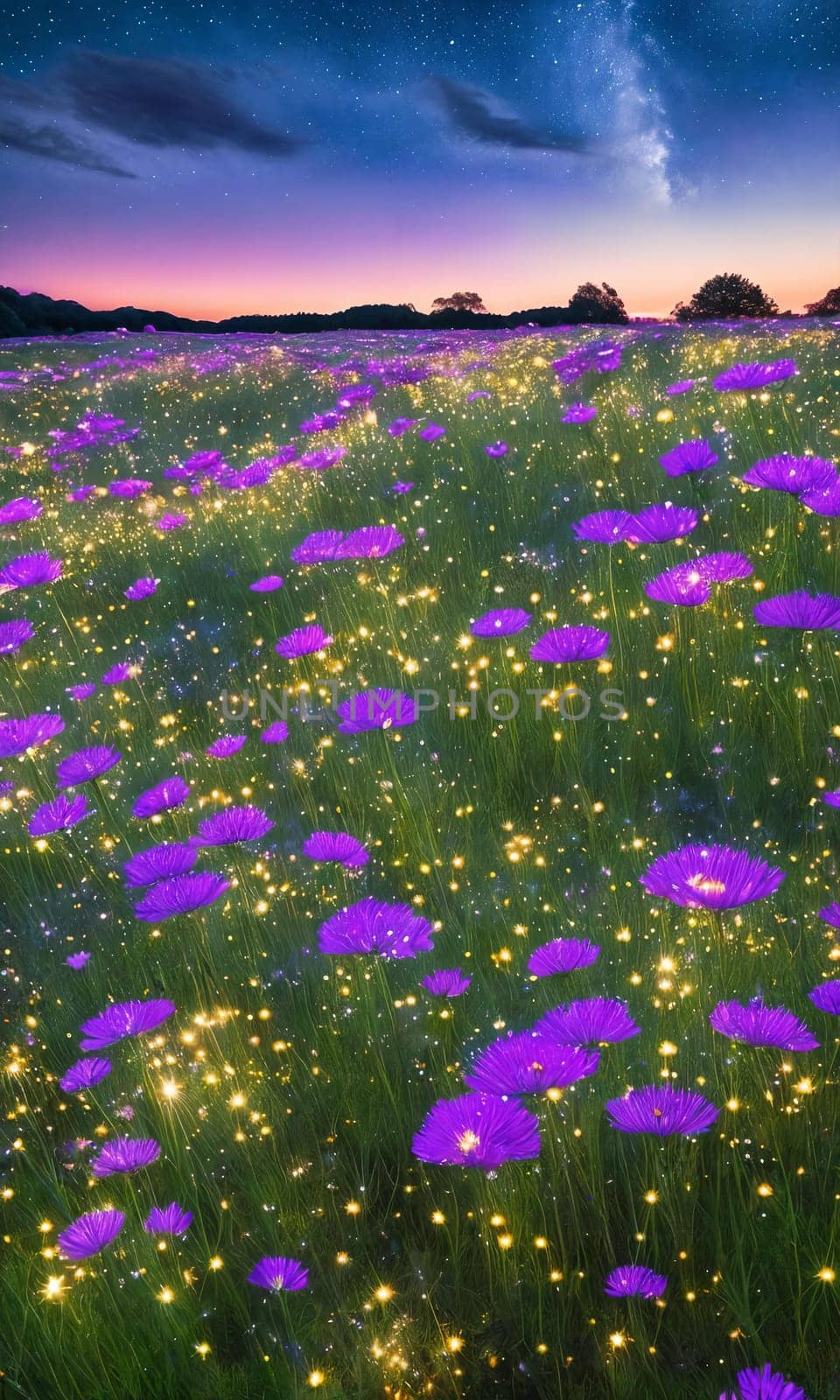 Stardust Meadow. At twilight, a meadow blooms with luminescent flowers. Each petal holds stardust, and as night falls, they release their magic. The otherworldly glow and the promise of wishes granted.