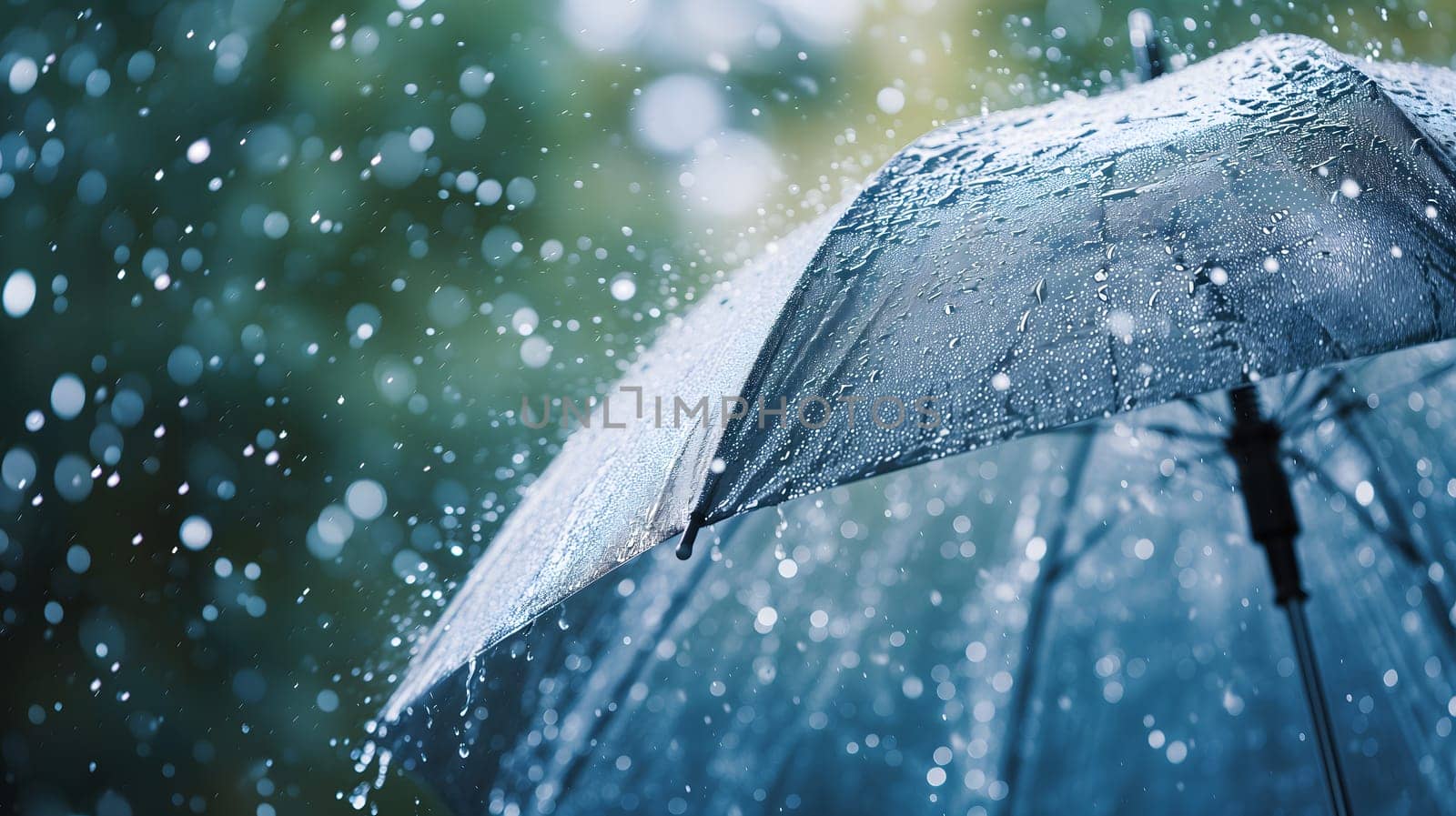 Close up, transparent umbrella under rainfall against a background of water droplets splashing. Concept of rainy weather. Neural network generated image. Not based on any actual scene or pattern.