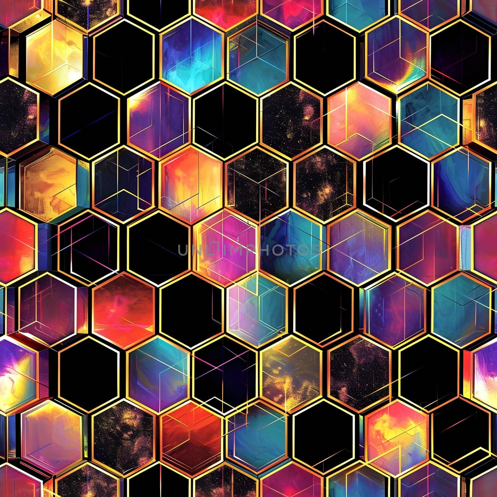 Seamless texture and full-frame background of colorful glass mosaic honeycomb hexagonal tiles. Neural network generated image. Not based on any actual scene or pattern.
