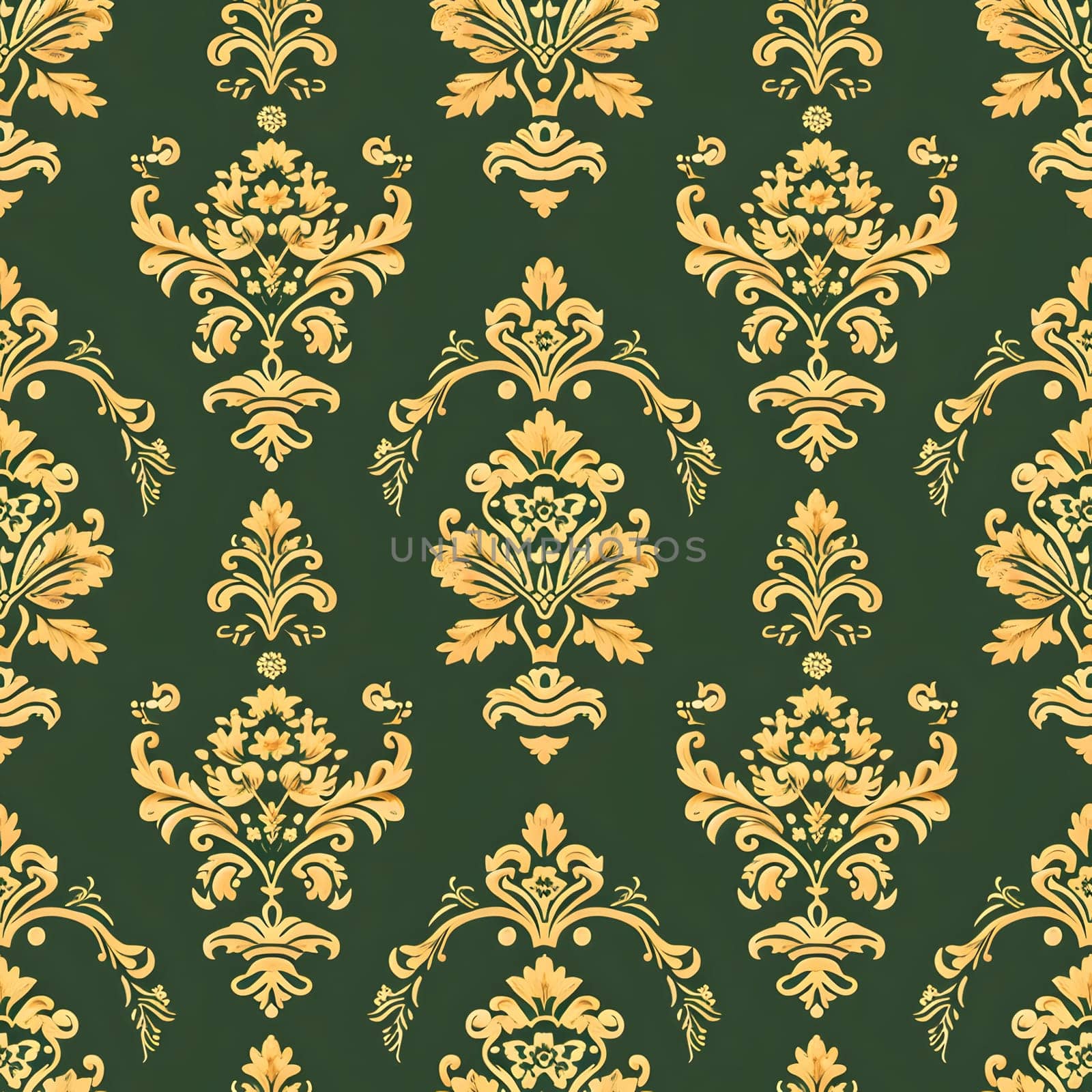 Seamless texture of green and gold damask pattern. Neural network generated image. Not based on any actual scene or pattern.