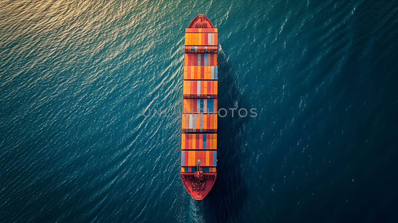 Cargo ship full of standard shipping containers at the sea during shipping at day time. Neural network generated image. Not based on any actual scene or pattern.