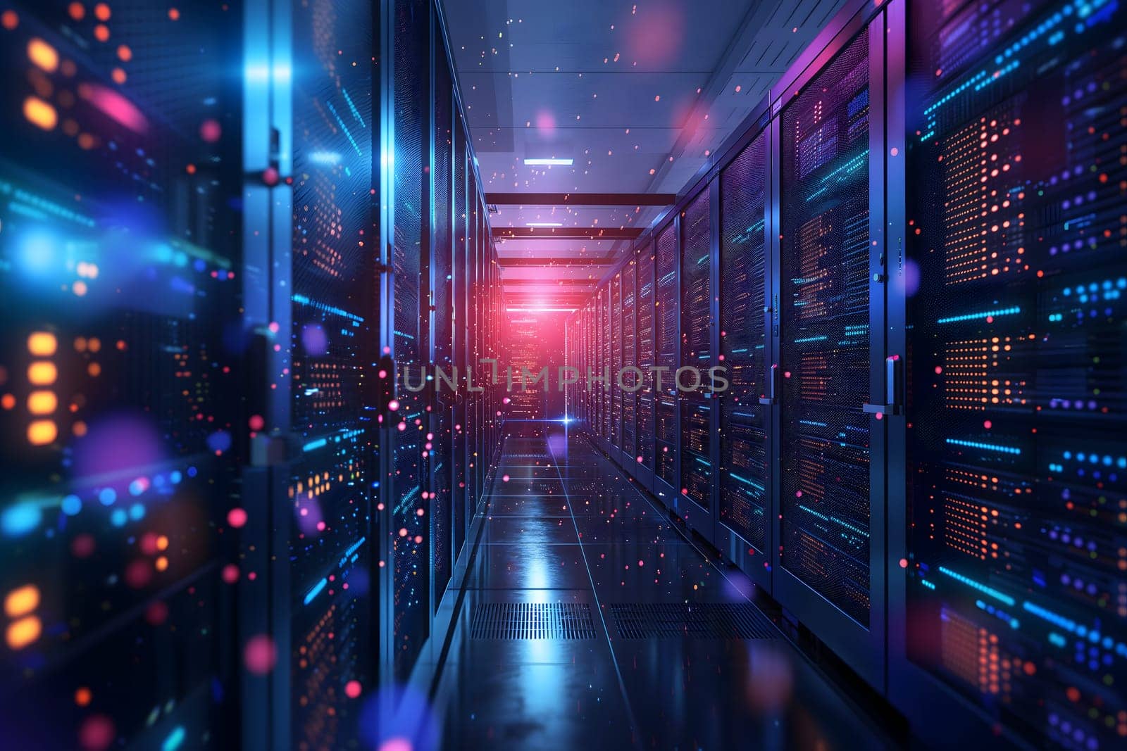 Server room with neon high contrast lighting. Neural network generated image. Not based on any actual scene or pattern.
