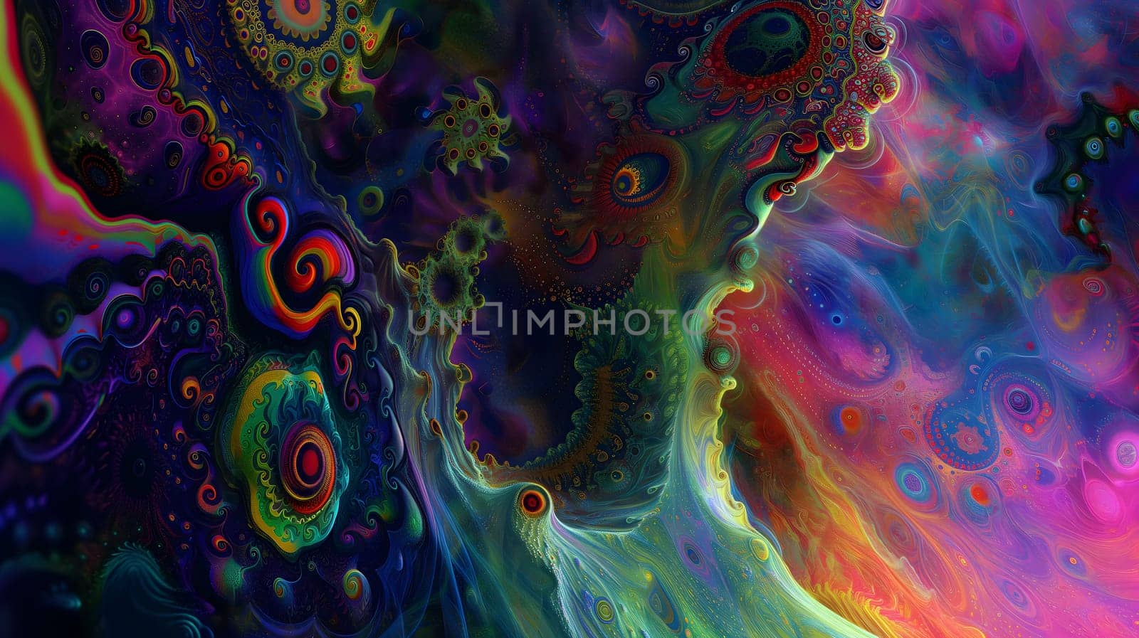 Saturated colorful mad abstract background, random different shapes and objects, hallucinations of ancient shaman after mushroom overdose. Neural network generated image. Not based on any actual scene or pattern.