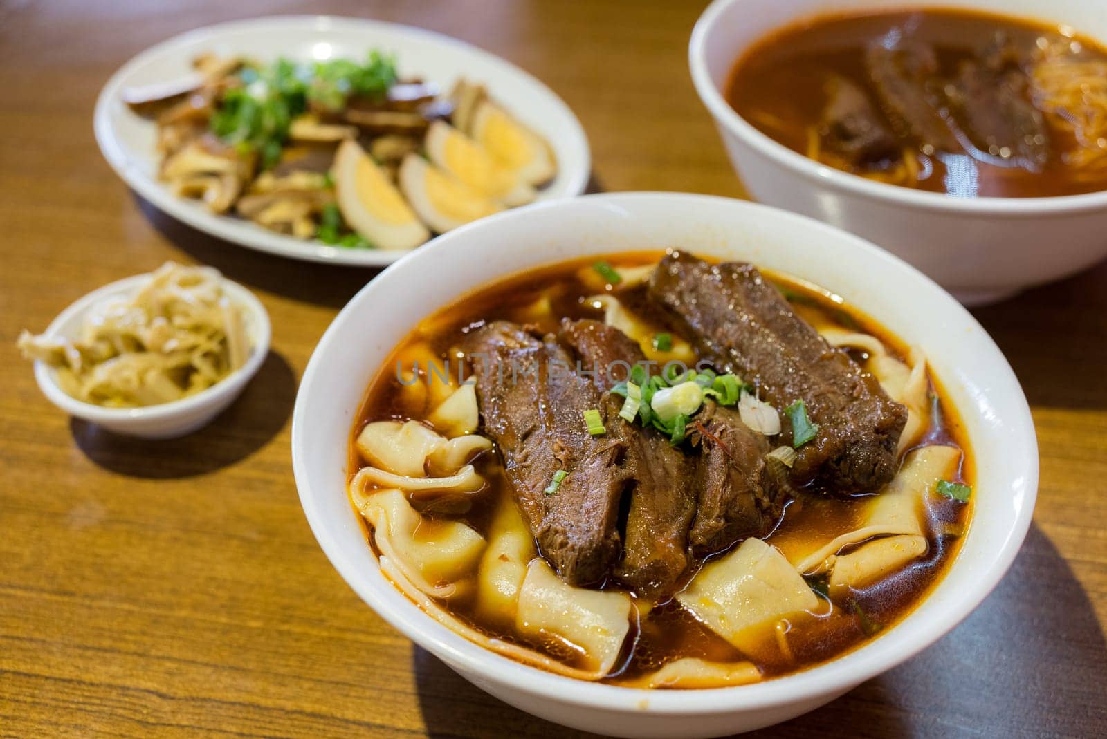 Spicy red soup beef noodle in a bowl