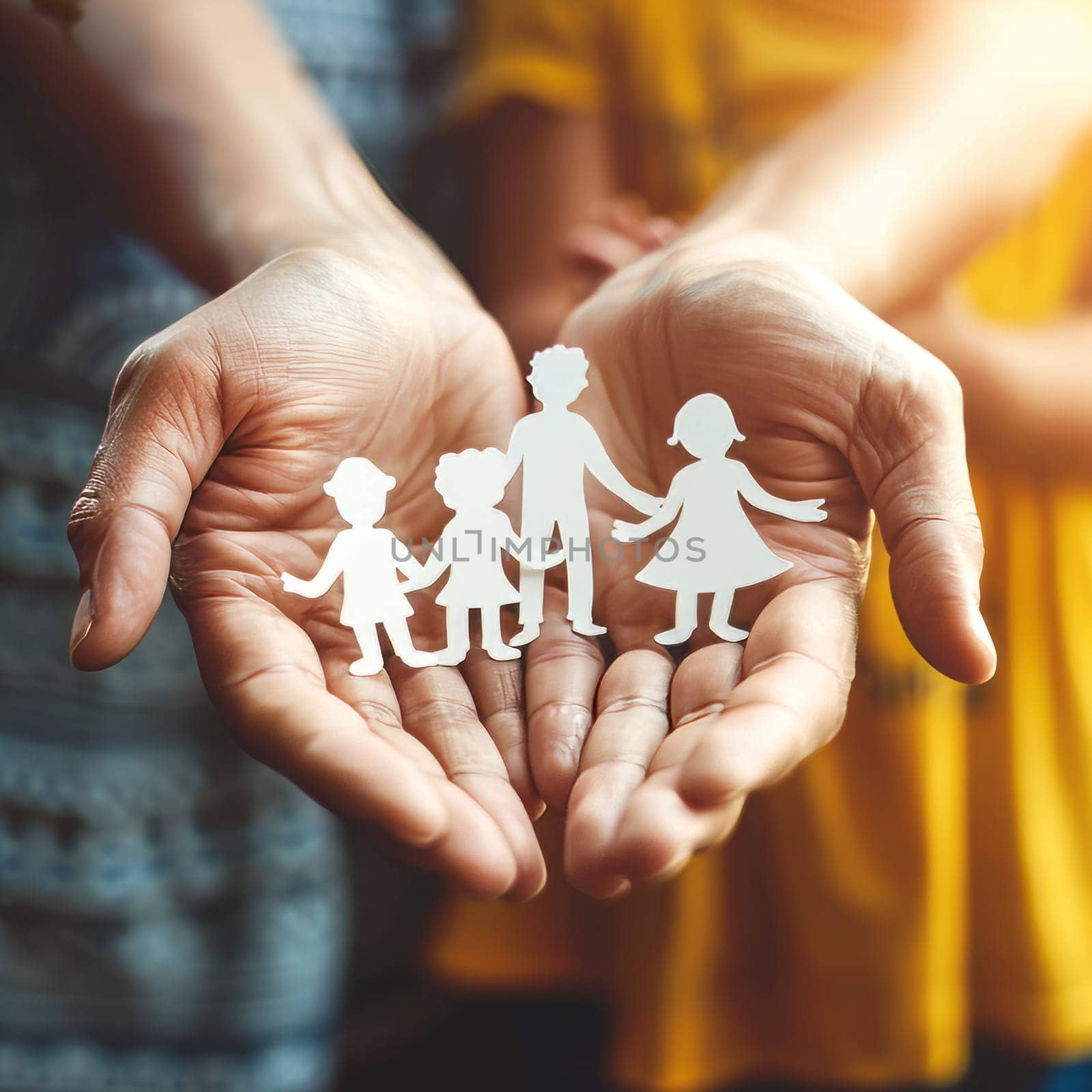 Hands holding a paper cutout of a family, symbolizing unity and support. Children Protection Day