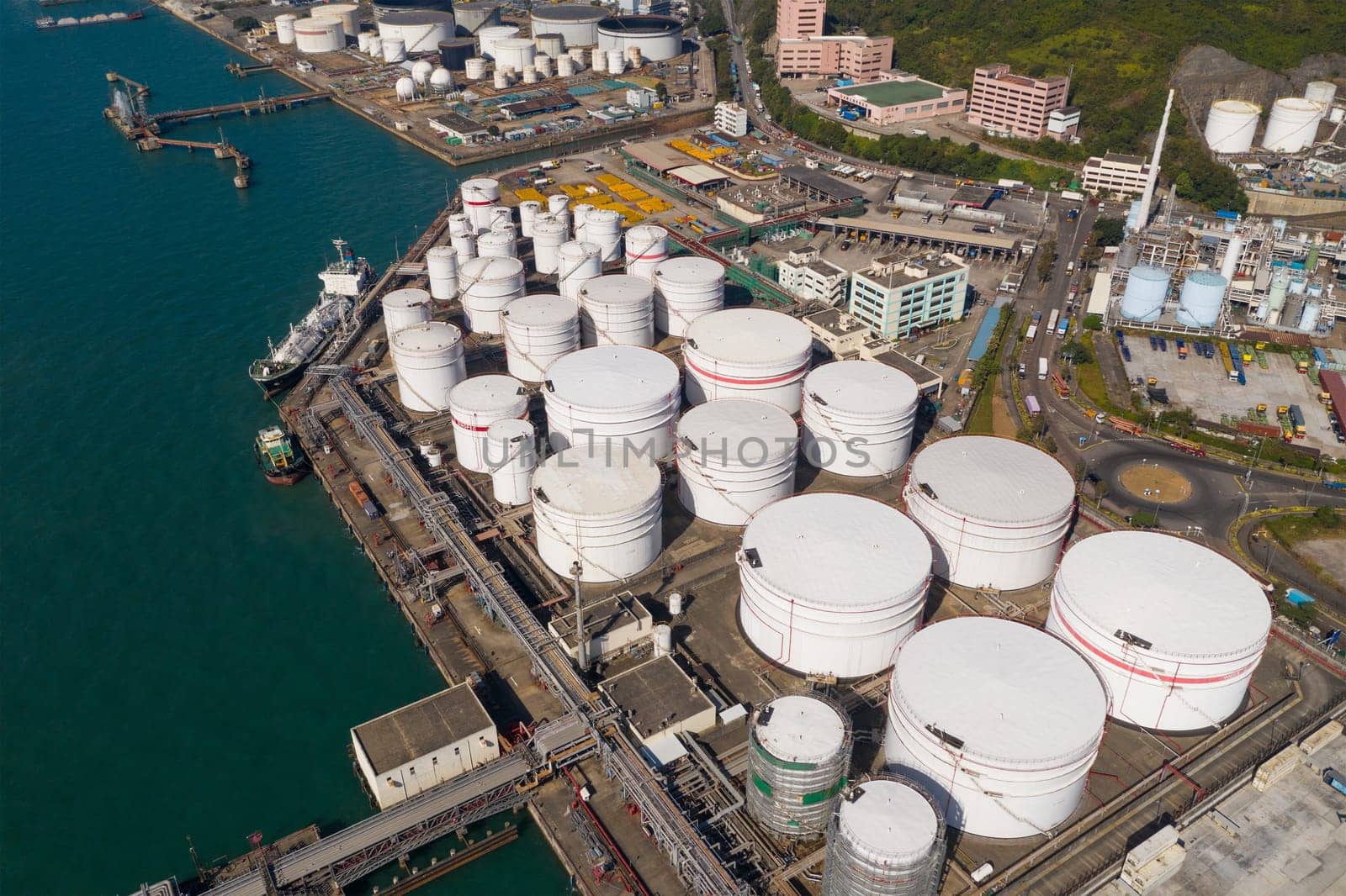 Tsing Yi, Hong Kong 04 December 2019: Top view Oil Tank