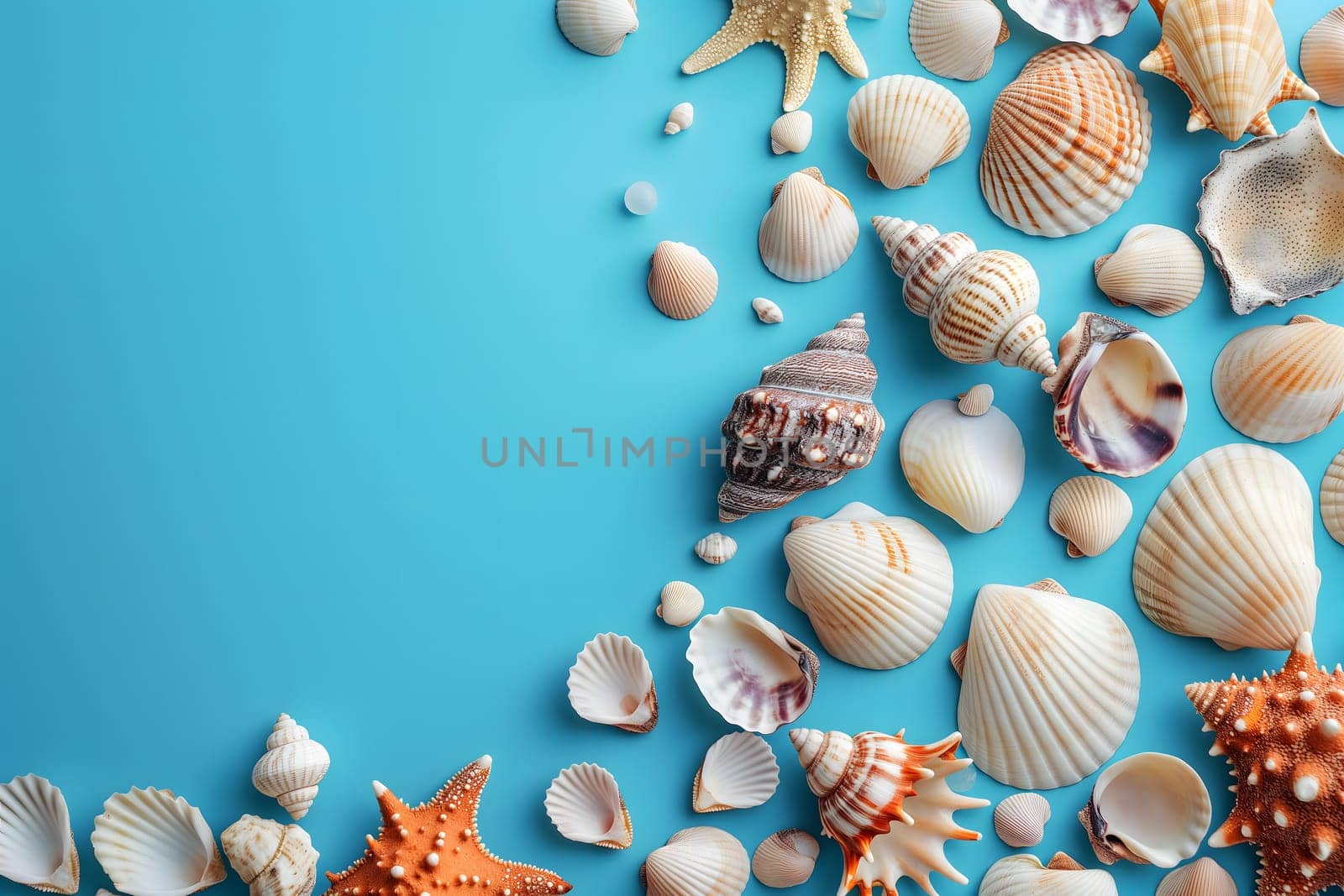 Seashells, pebbles, mockup on blue background. Blank, top view, still life, flat lay. Sea vacation travel concept tourism and resorts. Summer holidays. Neural network generated in January 2024. Not based on any actual scene or pattern.