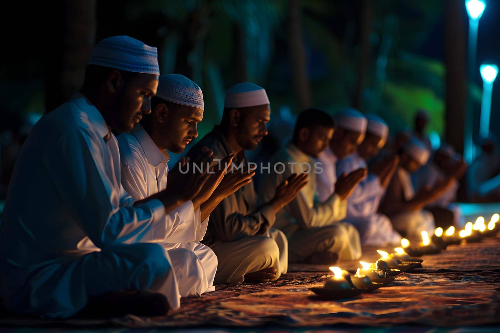 Muslim prayers in white clothes sitting in front of mosque at Ramadan night with selective focus. Neural network generated in January 2024. Not based on any actual scene or pattern.