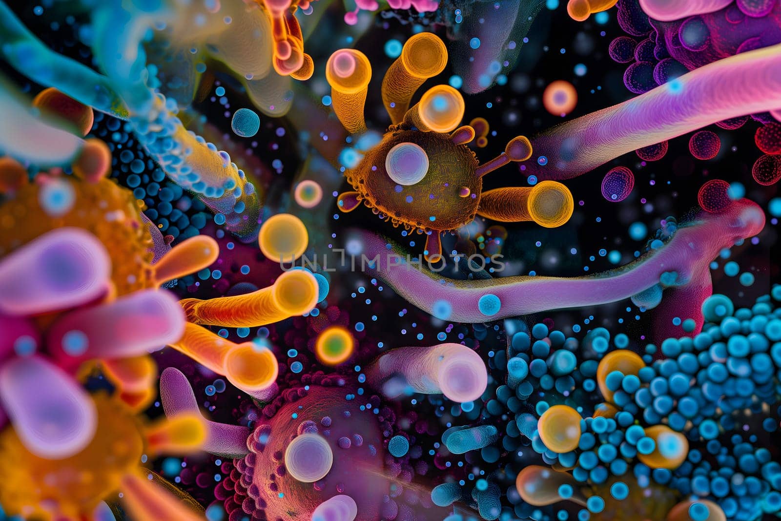 Diverse colorful abstract microbiome, containing many different types of microorganisms. Neural network generated in January 2024. Not based on any actual scene or pattern.