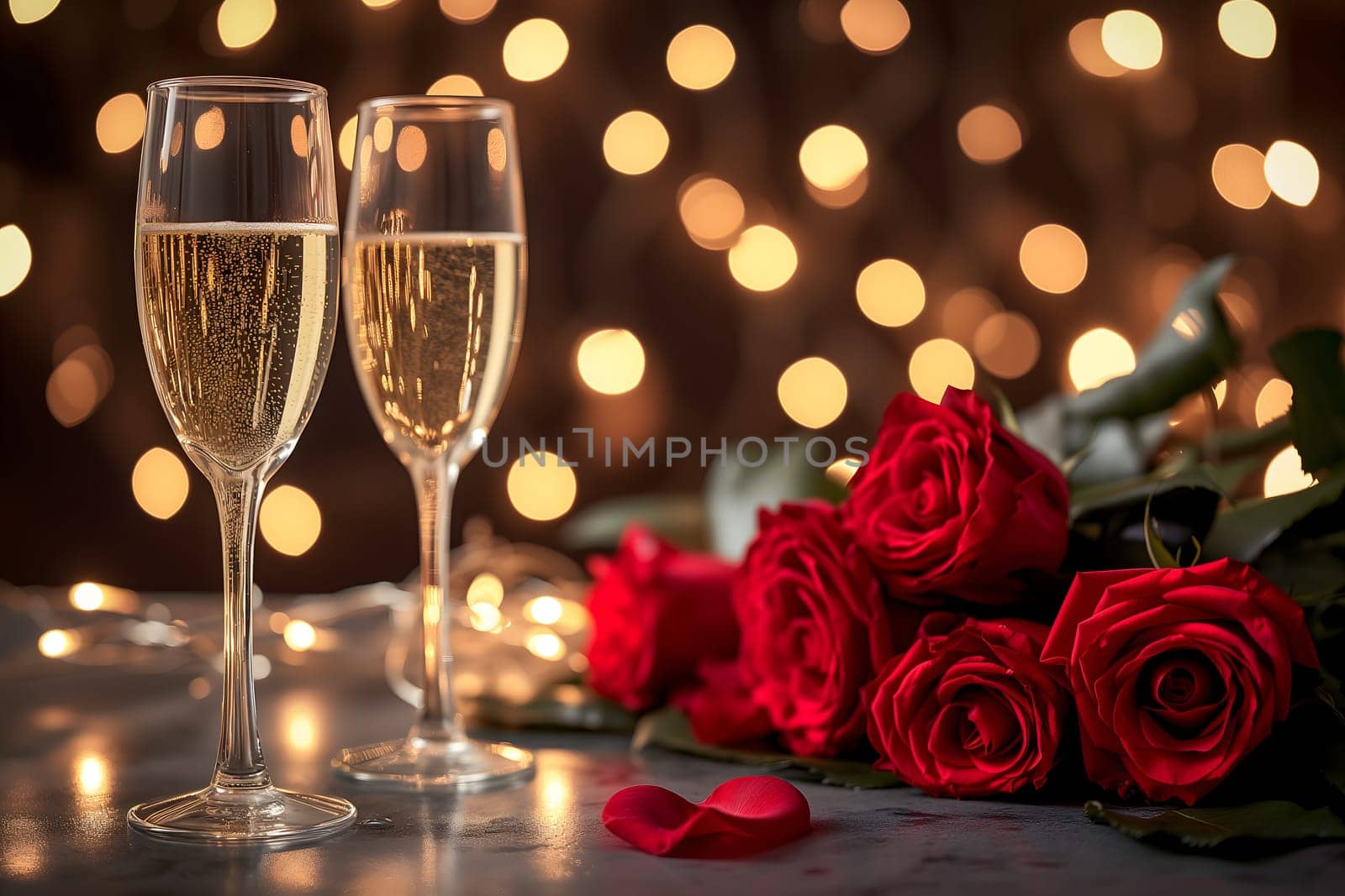 two glasses with sparkling wine or champagne and red roses on table with bokeh lights in the background for generic celebration concept. Neural network generated image. Not based on any actual or scene.