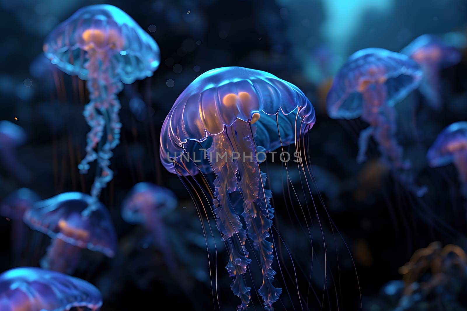 glowing sea jellyfishes on dark background, neural network generated art. Neural network generated in January 2024. Not based on any actual scene or pattern.