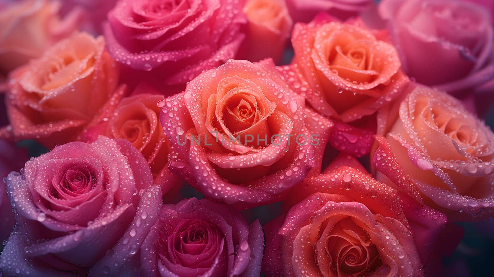 A lush bouquet of pink roses with dew drops. Neural network generated image. Not based on any actual person or scene.