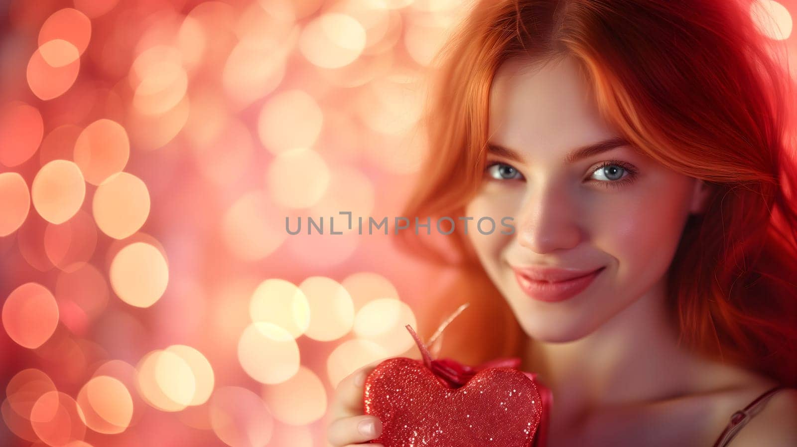 Beautiful redhead girl with gift for Valentines Day with bokeh at background. Neural network generated image. Not based on any actual person or scene.