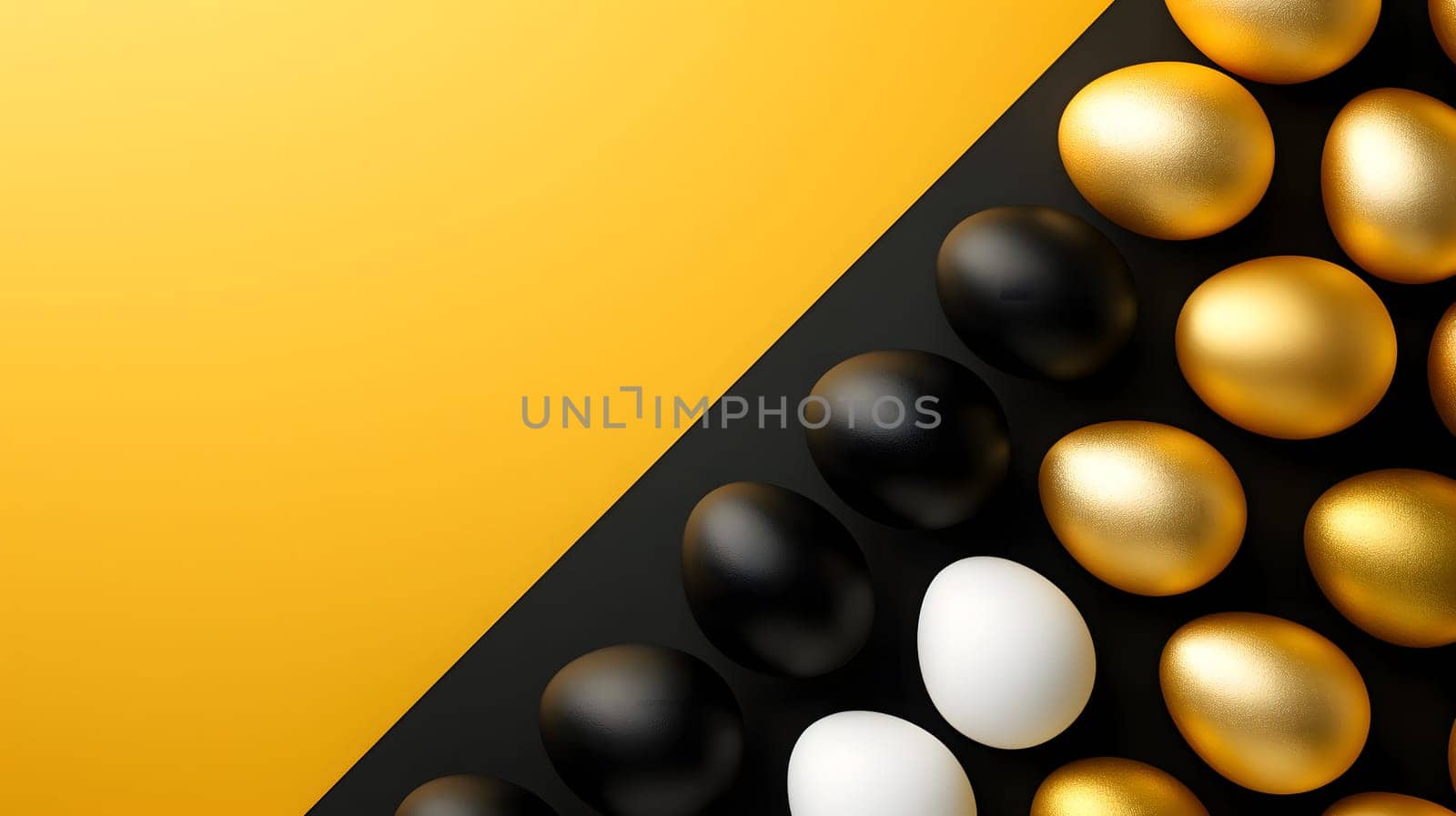 Golden, black, white Easter eggs on a yellow-black background. geometry. Minimal concept. View from above. Neural network generated image. Not based on any actual scene or pattern.
