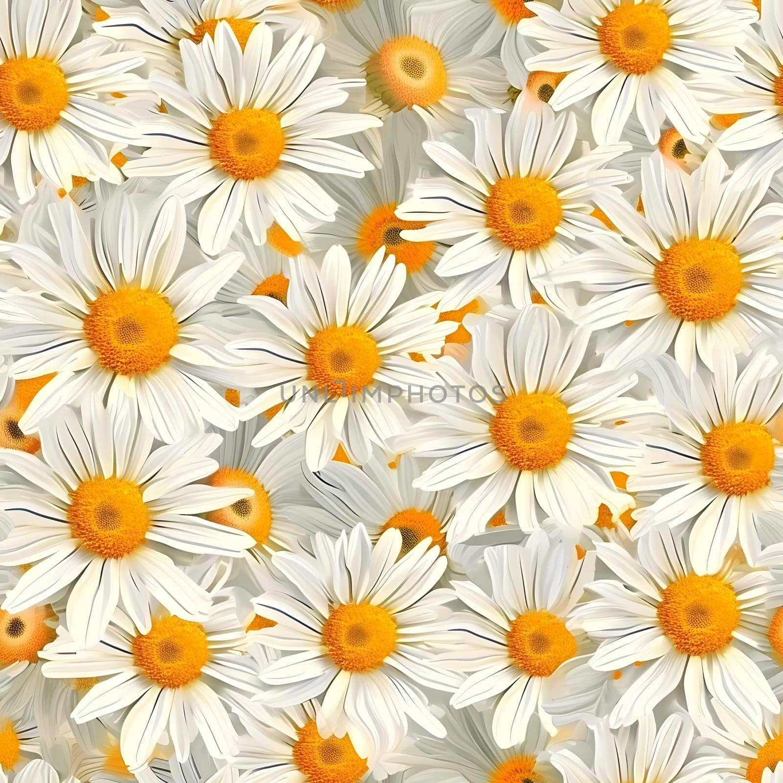A Lot Of White Yellow Daisies or chamomile flowers - for full-frame background and seamless texture. Neural network generated image. Not based on any actual scene or pattern.