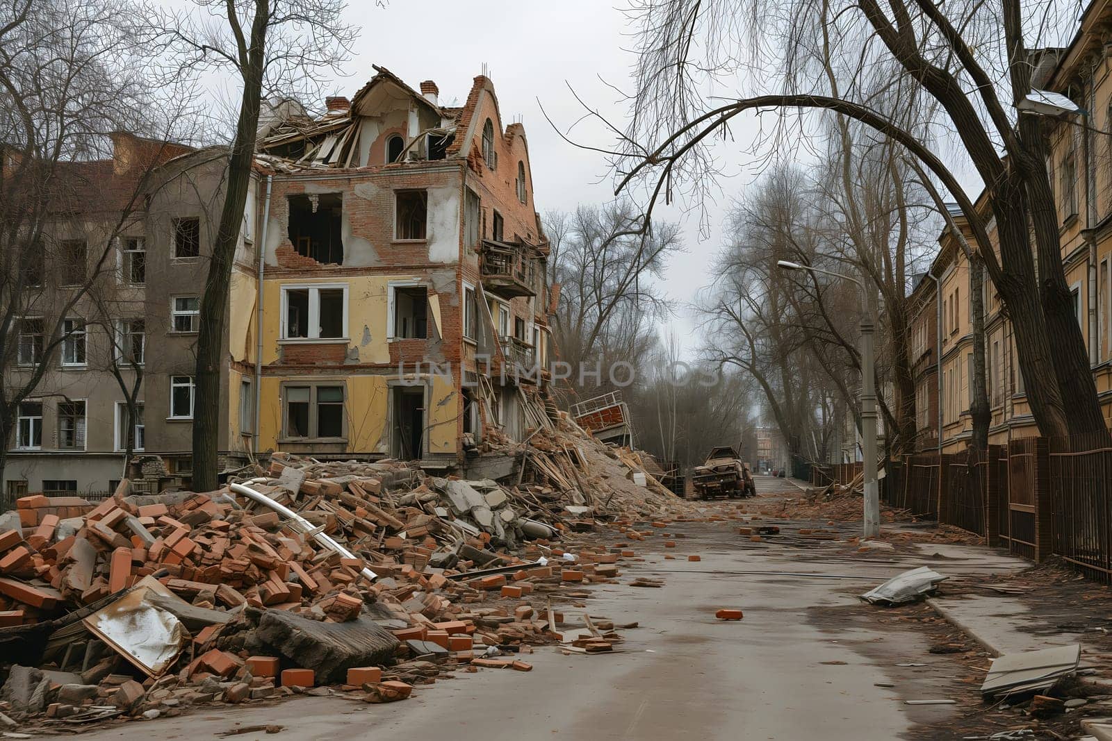 Ruined houses street after war. Neural network generated image. Not based on any actual scene or pattern.