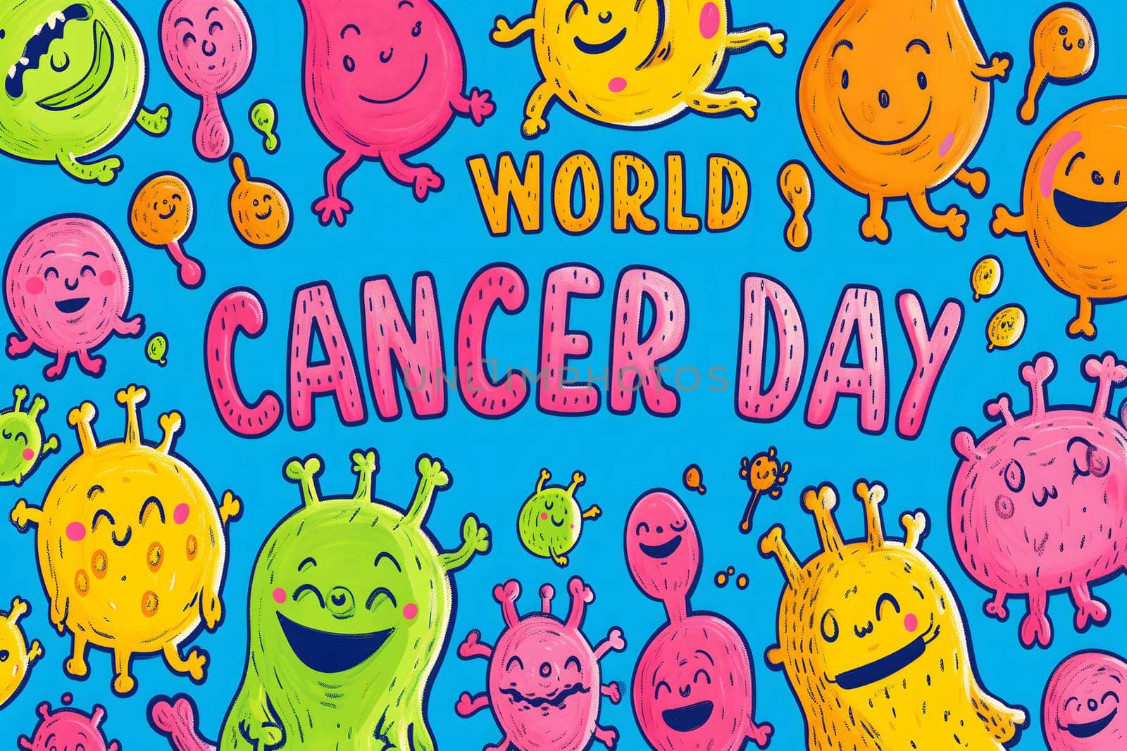 Simple cartoon world cancer day background with the inscription on it, surrounded with colorful happy tumors. Neural network generated image. Not based on any actual scene or pattern.