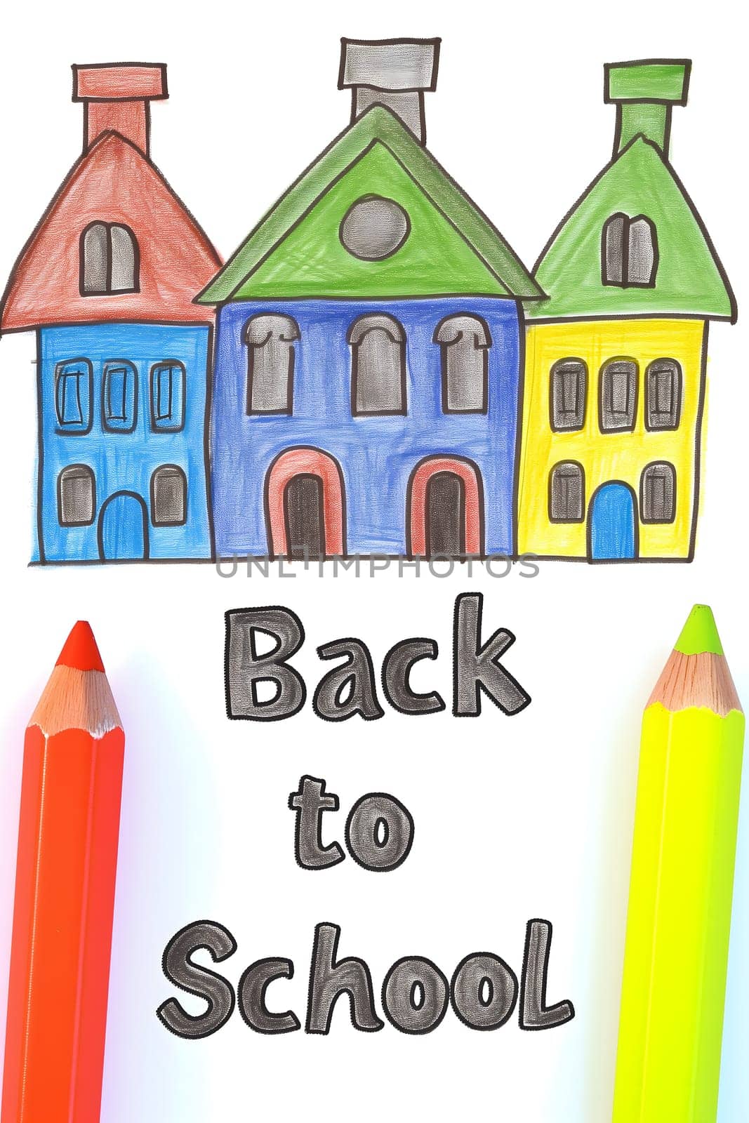 Naive children's drawing with colored chalk on white paper, made by hand by a child, text Back to School. Neural network generated image. Not based on any actual scene or pattern.