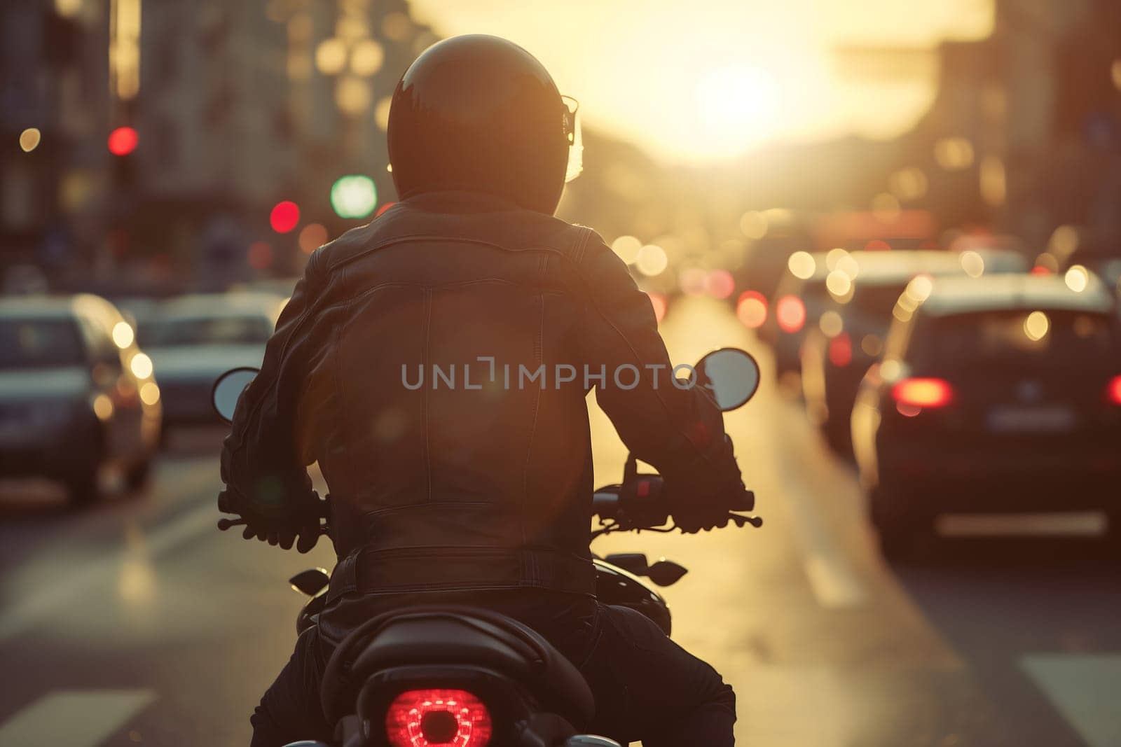 A man rides a motorcycle in city traffic, View from the back, Close-up. Neural network generated image. Not based on any actual scene or pattern.