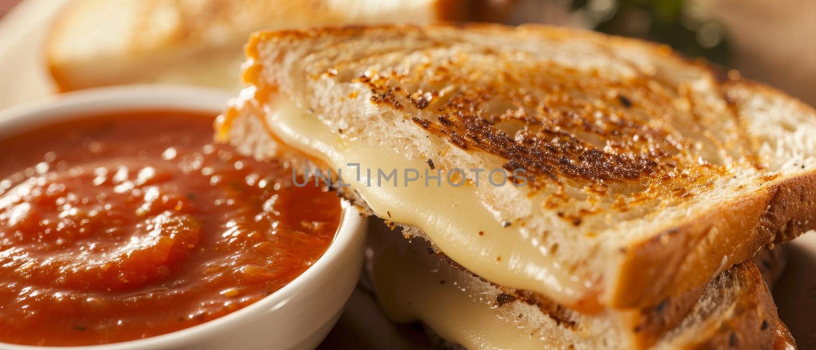 A close-up photo of a grilled cheese sandwich cut in half, revealing melted cheese and a bowl of tomato soup on a white plate