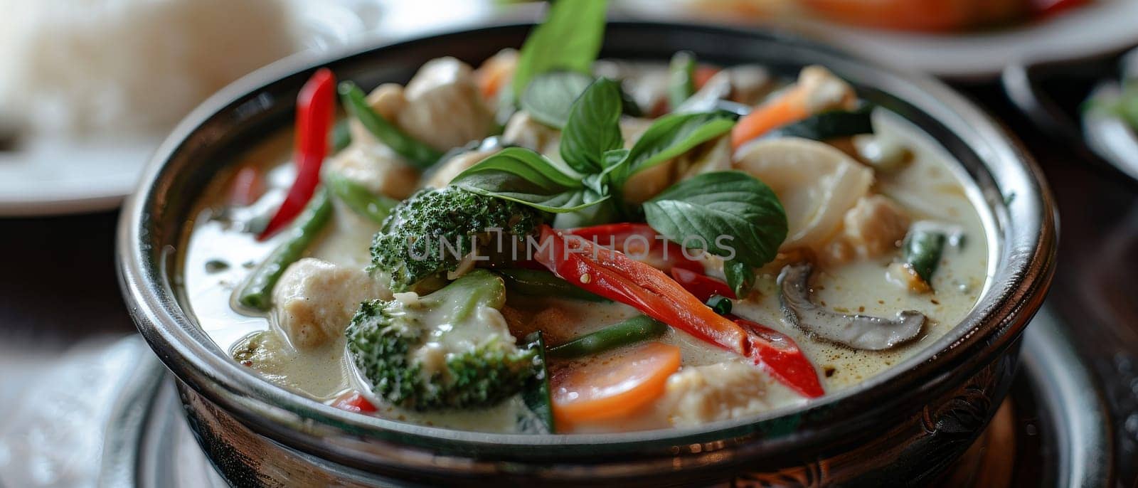A bowl filled with green curry soup, containing shrimp, vegetables, and garnished with fresh herbs