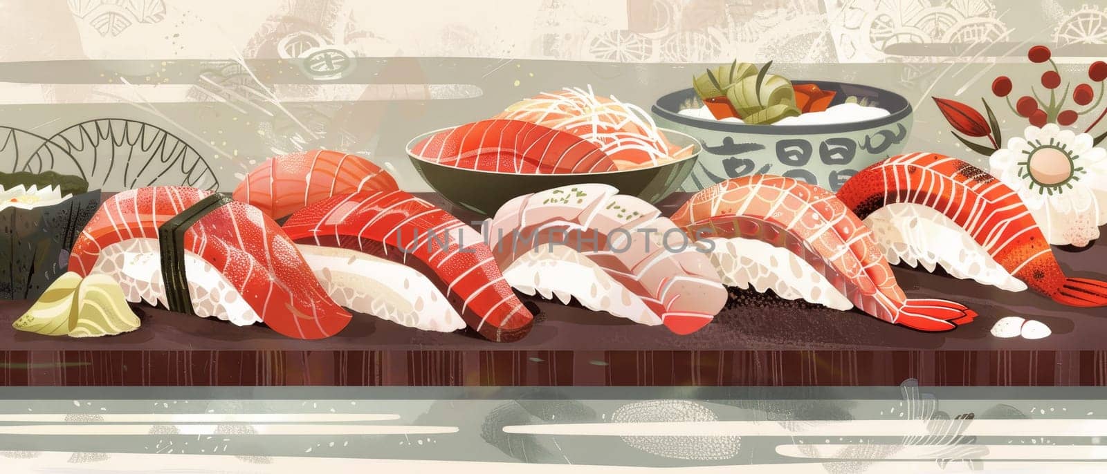 Artistic illustration of colorful sushi pieces on a tray, surrounded by abstract floral and wave patterns