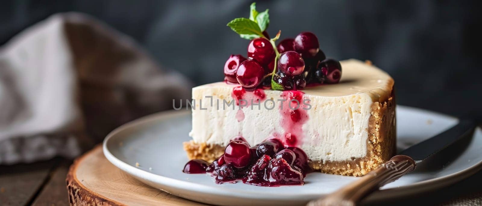 A slice of cheesecake with a thick graham cracker crust and a topping of fresh blackberries