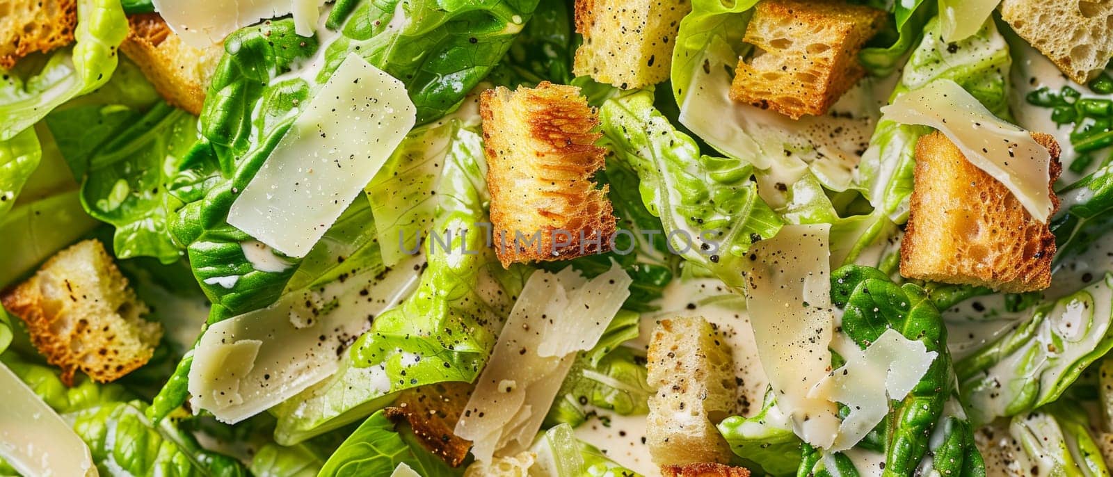 Close-up of fresh Caesar salad with crispy croutons, parmesan cheese, and green lettuce