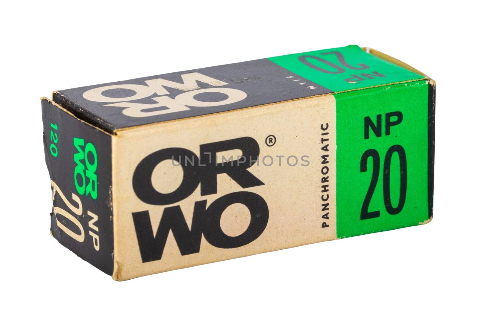 Potsdam, Germany - Aug 11, 2018. Old original packaging of a ORWO (Original Wolfen) NP20 (NP= Negative Panchromatic) film roll for black and white analogue vintage photography.
